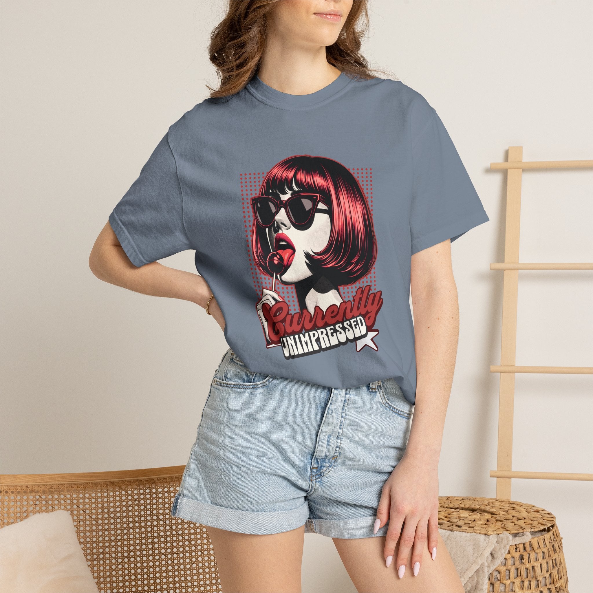 Unisex Retro Pop Art Woman Licking Ice Cream T-shirt | 'Currently Unimpressed' Graphic