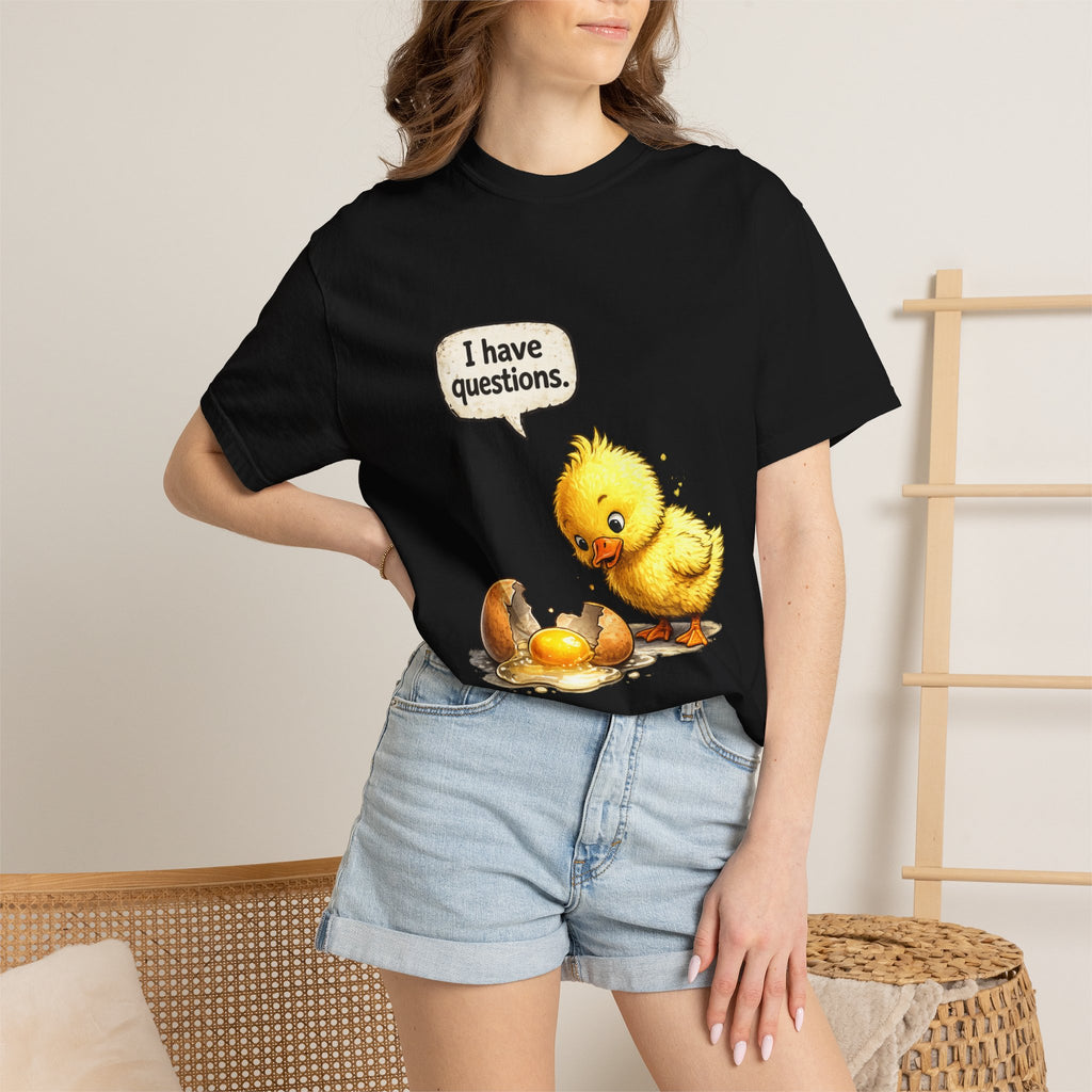 Unisex Curious Chick 'I Have Questions' T-shirt | Cute Baby Chick Illustration