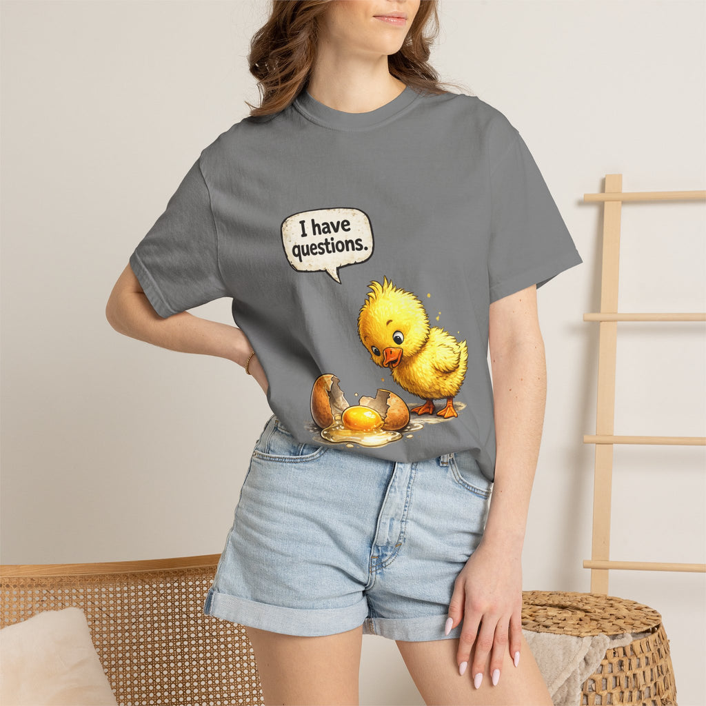 Unisex Curious Chick 'I Have Questions' T-shirt | Cute Baby Chick Illustration