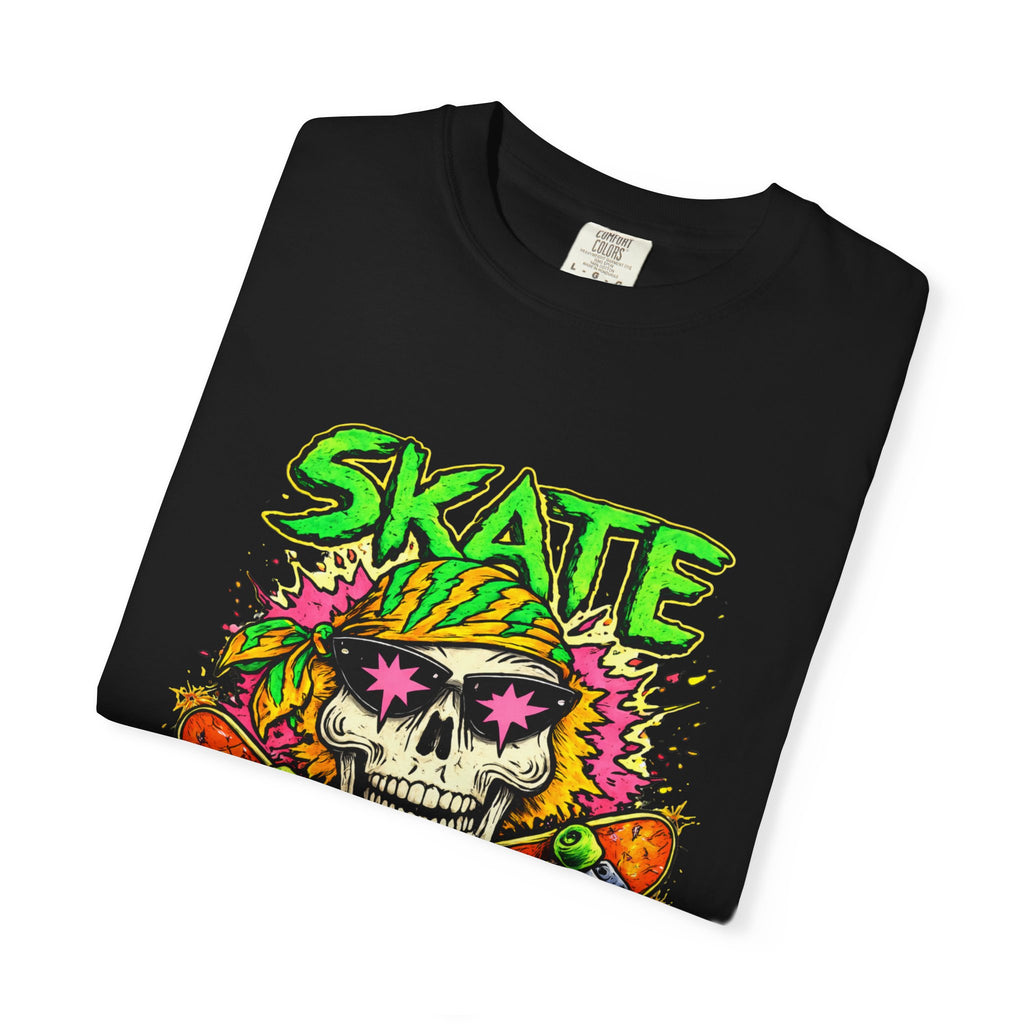 Unisex Skull Skateboard 'Skate or Die' graphic T-Shirt | Neon Punk Skateboarding Tee
