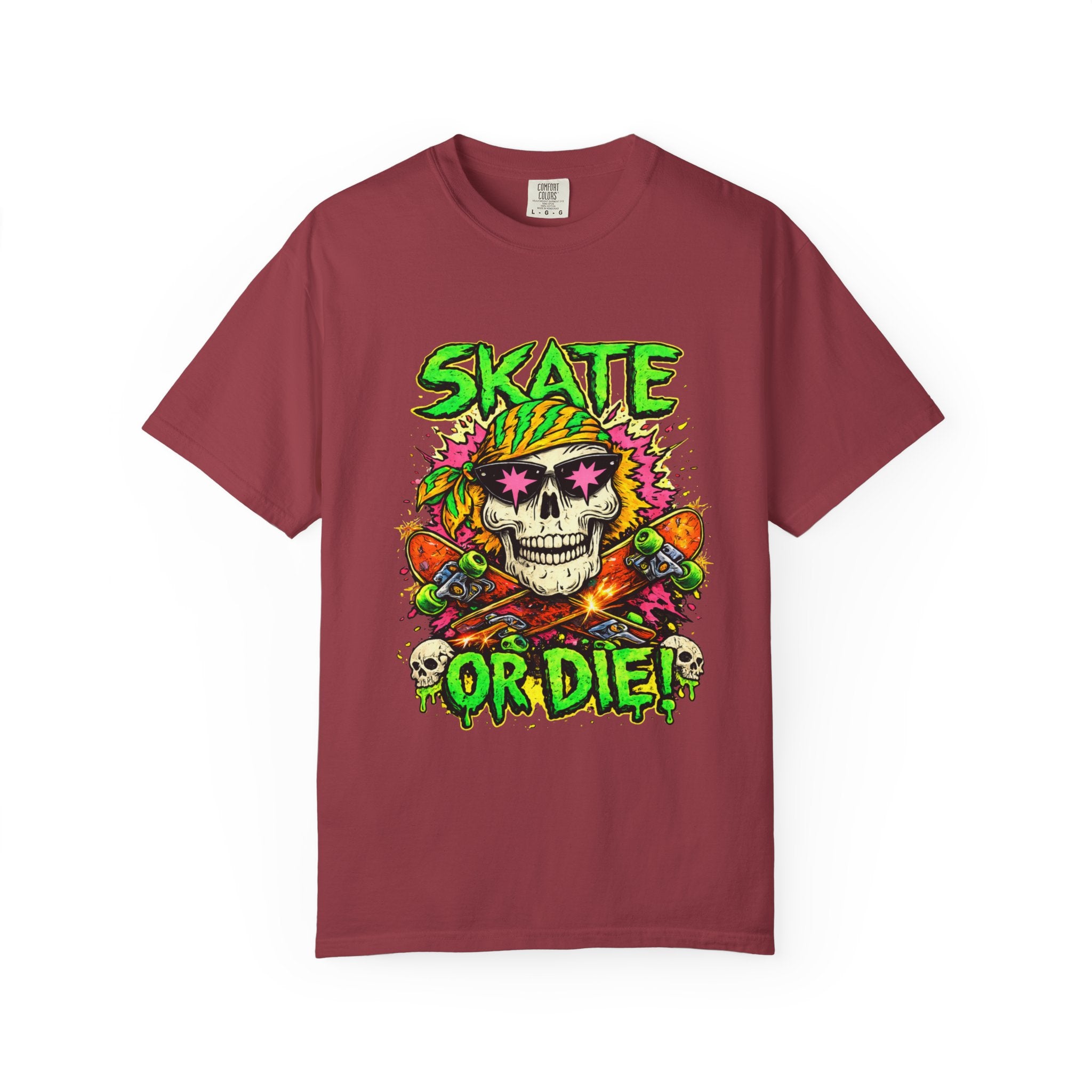 Unisex Skull Skateboard 'Skate or Die' graphic T-Shirt | Neon Punk Skateboarding Tee