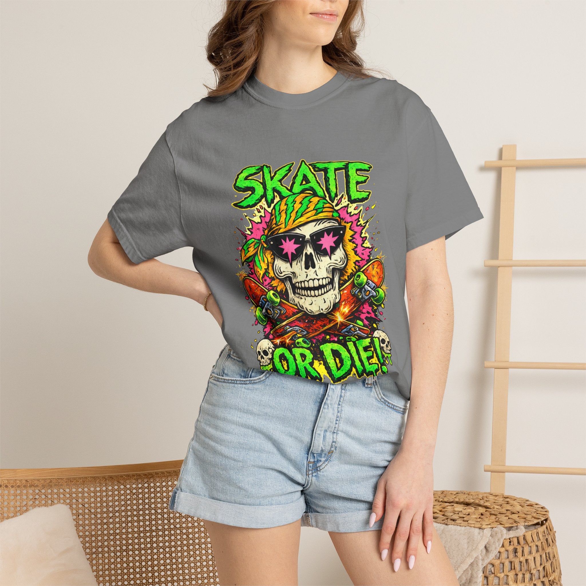 Unisex Skull Skateboard 'Skate or Die' graphic T-Shirt | Neon Punk Skateboarding Tee