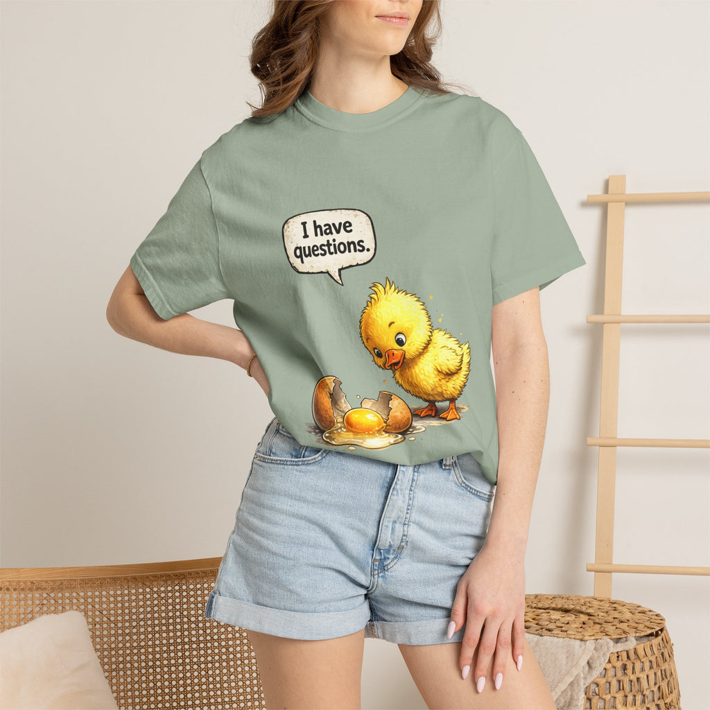 Unisex Curious Chick 'I Have Questions' T-shirt | Cute Baby Chick Illustration