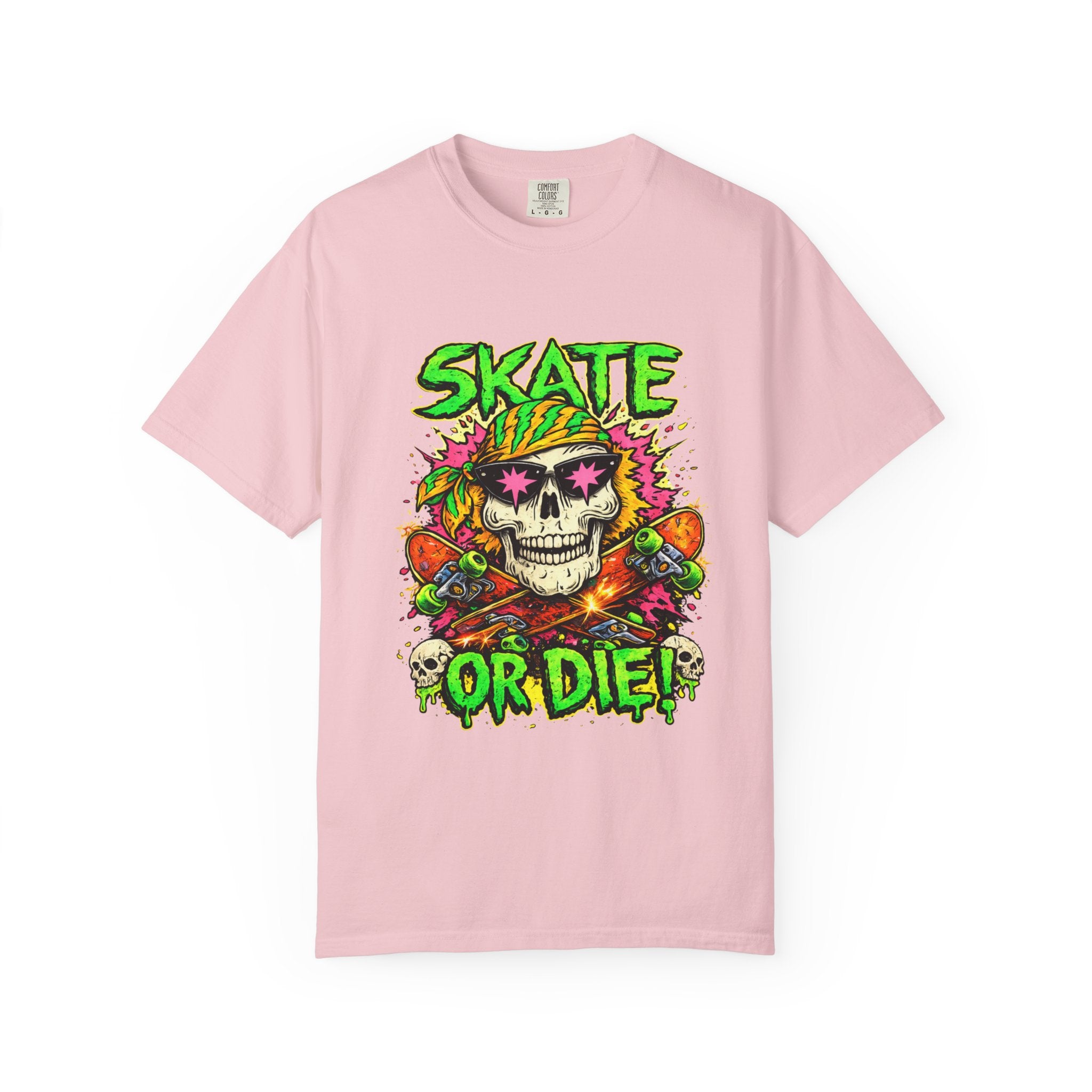 Unisex Skull Skateboard 'Skate or Die' graphic T-Shirt | Neon Punk Skateboarding Tee