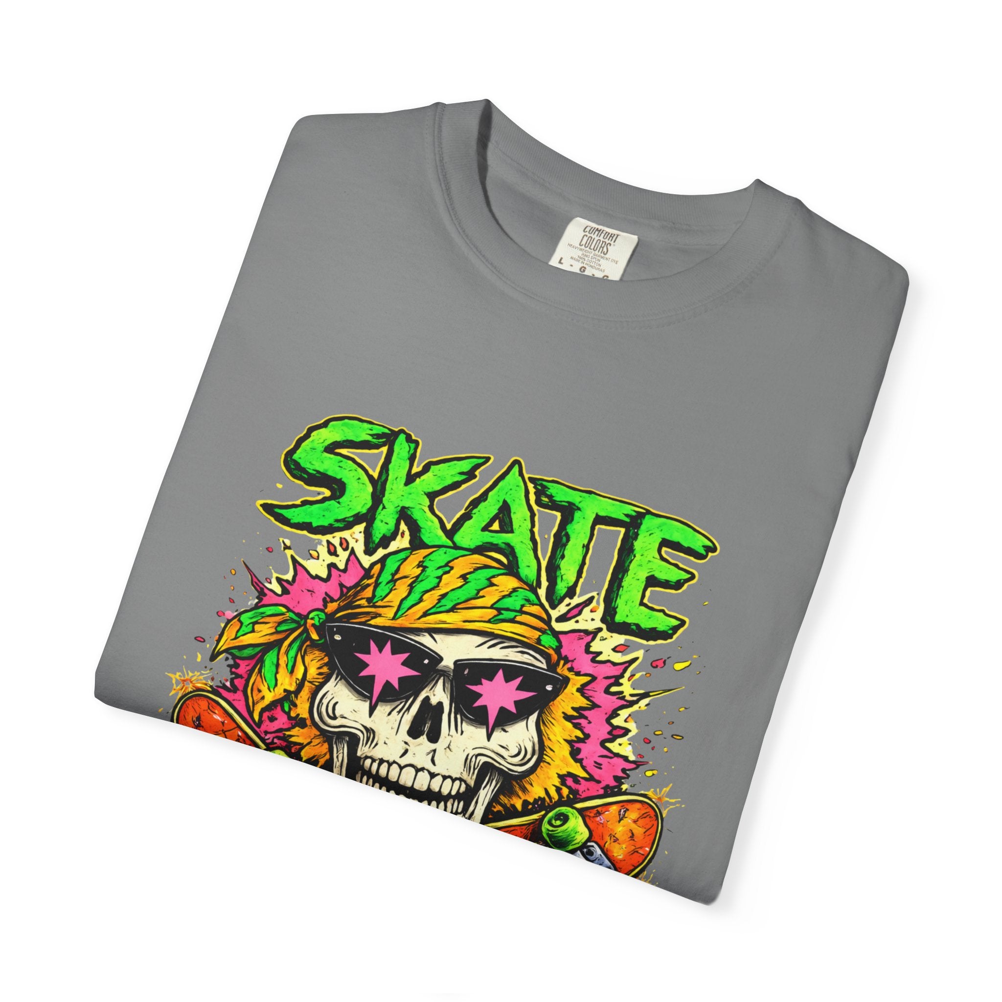 Unisex Skull Skateboard 'Skate or Die' graphic T-Shirt | Neon Punk Skateboarding Tee