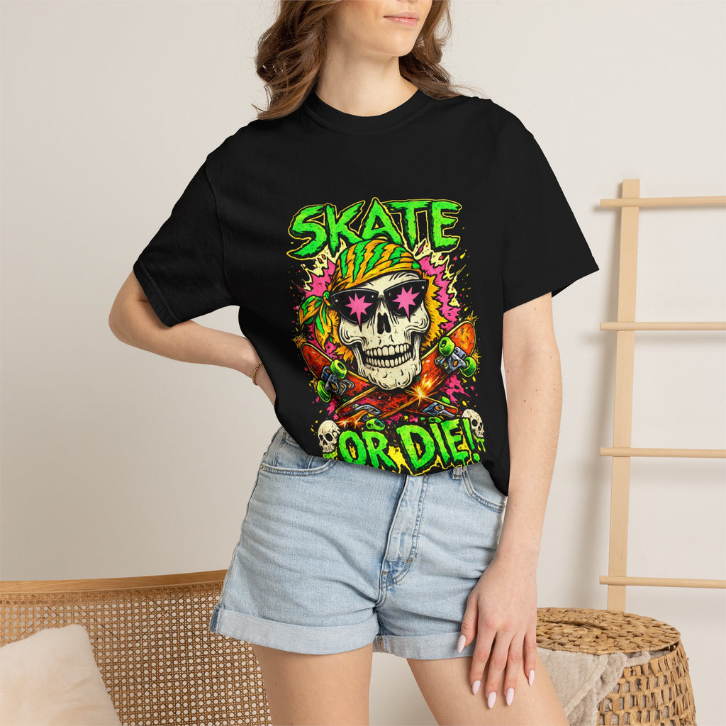 Unisex Skull Skateboard 'Skate or Die' graphic T-Shirt | Neon Punk Skateboarding Tee