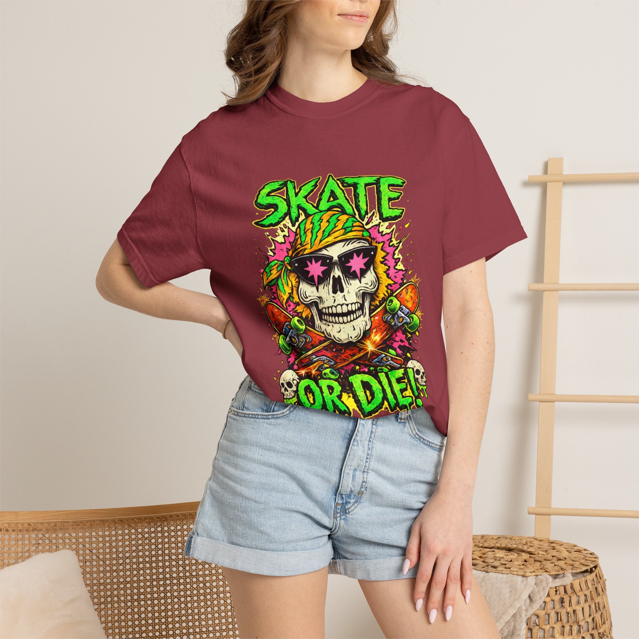 Unisex Skull Skateboard 'Skate or Die' graphic T-Shirt | Neon Punk Skateboarding Tee