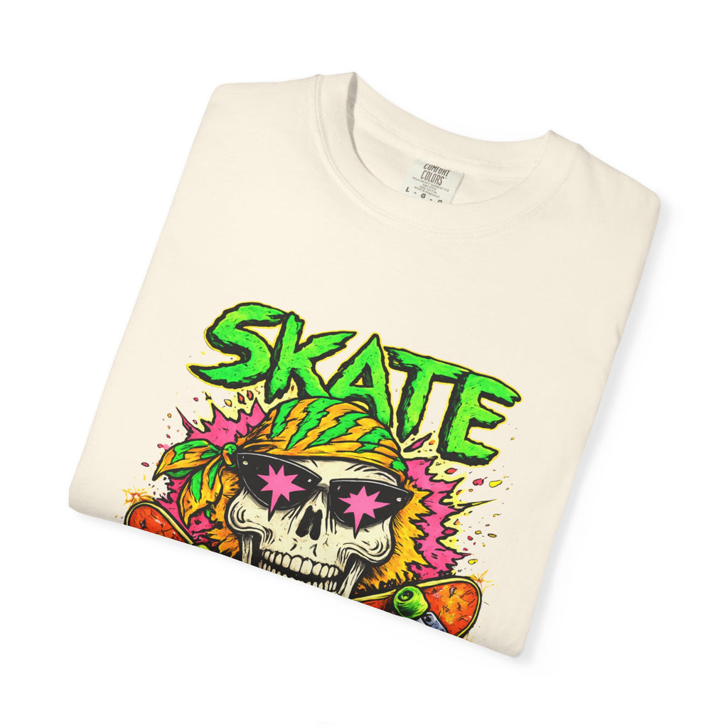 Unisex Skull Skateboard 'Skate or Die' graphic T-Shirt | Neon Punk Skateboarding Tee