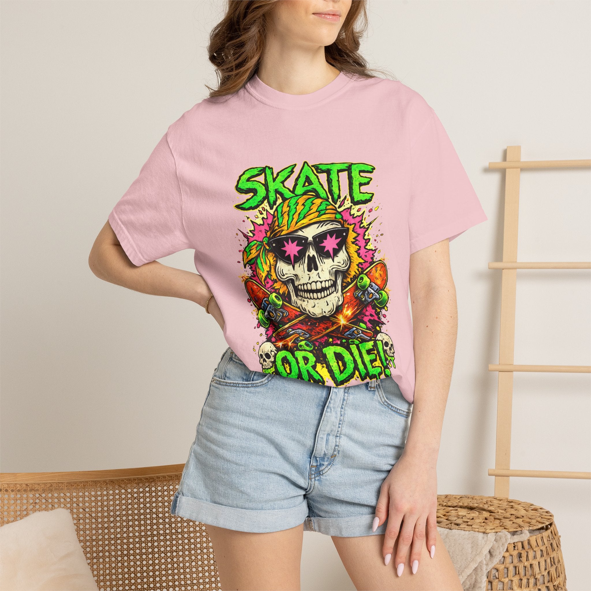Unisex Skull Skateboard 'Skate or Die' graphic T-Shirt | Neon Punk Skateboarding Tee
