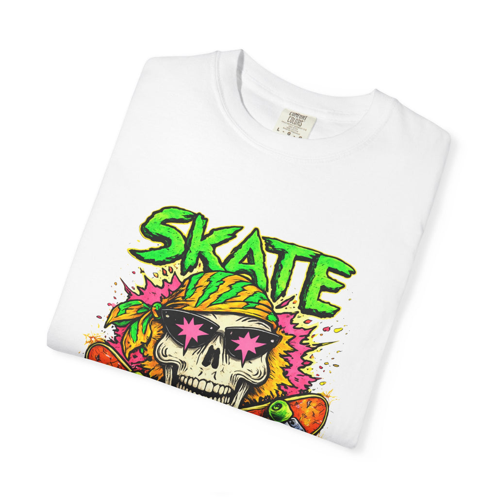 Unisex Skull Skateboard 'Skate or Die' graphic T-Shirt | Neon Punk Skateboarding Tee