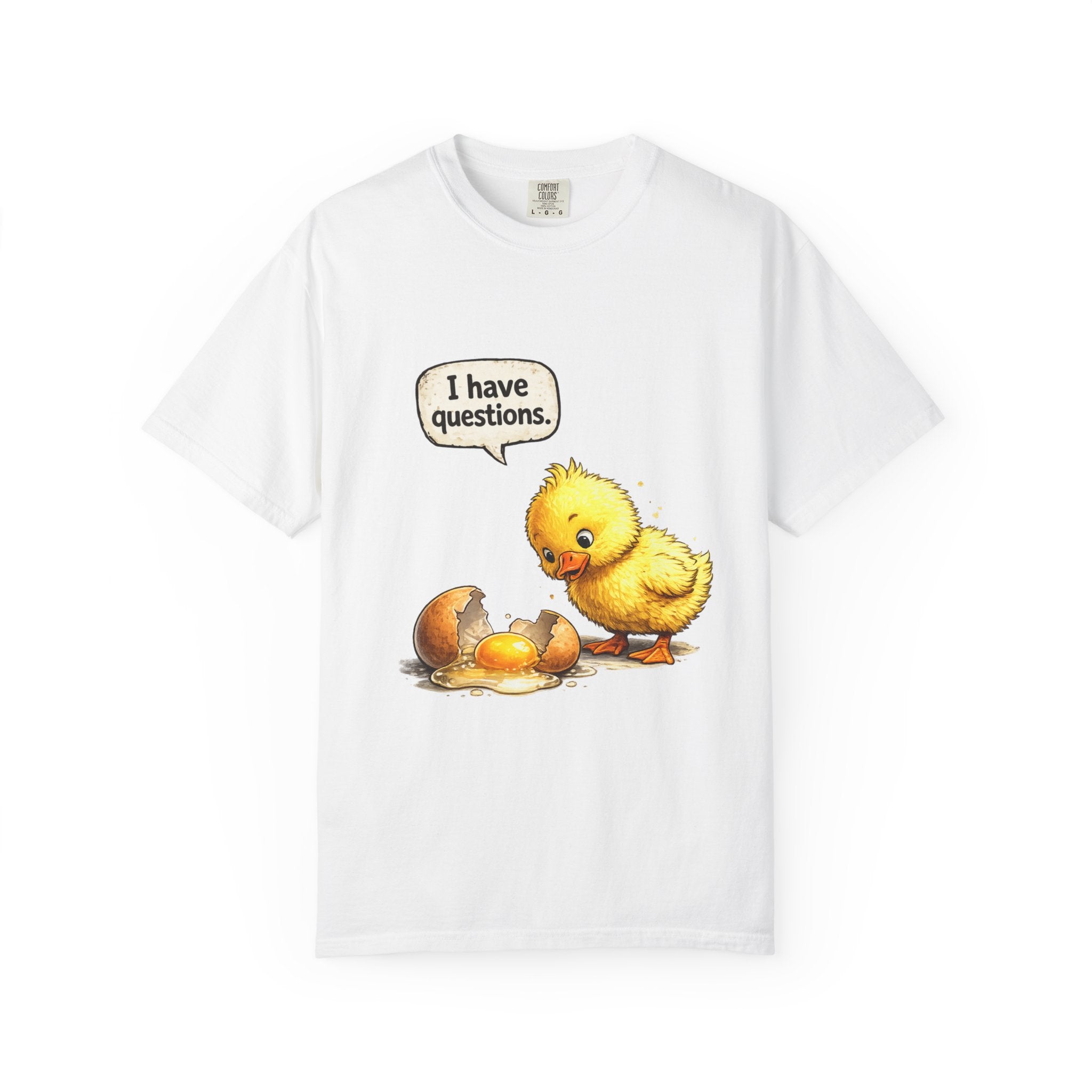 Unisex Curious Chick 'I Have Questions' T-shirt | Cute Baby Chick Illustration