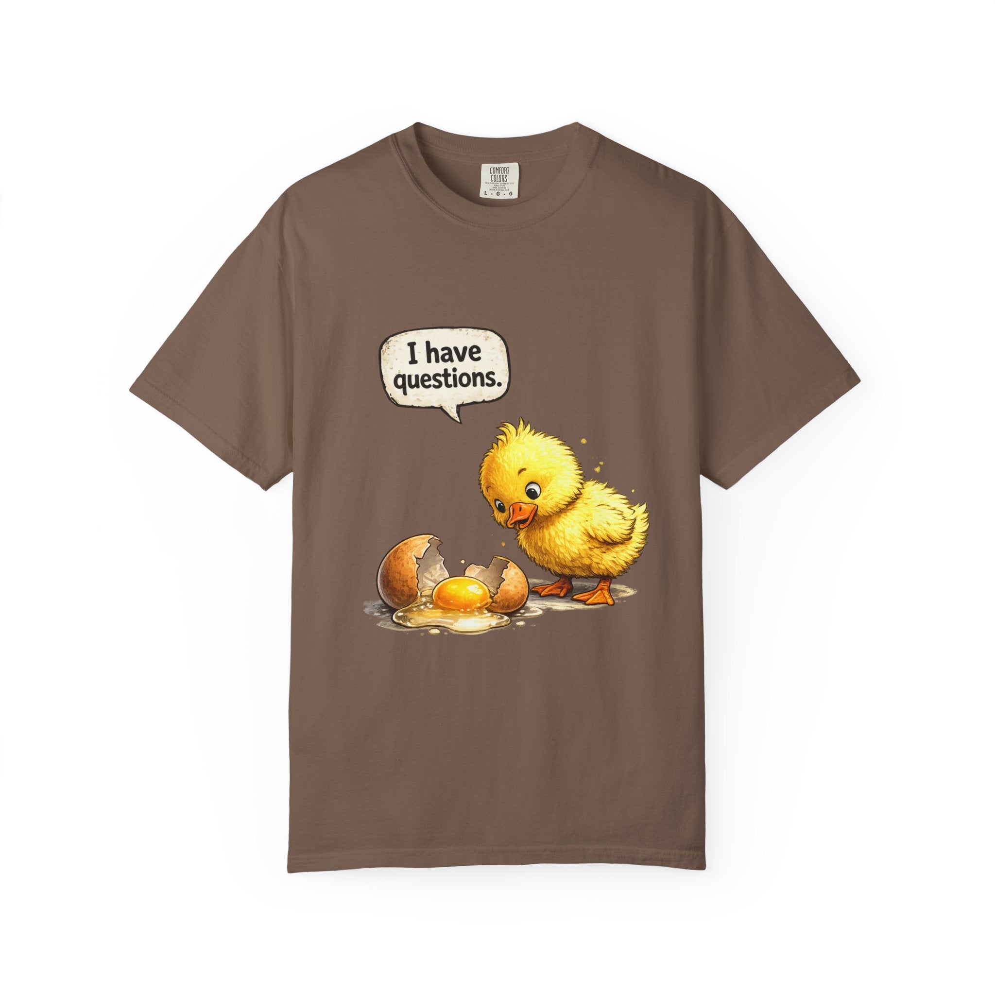 Unisex Curious Chick 'I Have Questions' T-shirt | Cute Baby Chick Illustration