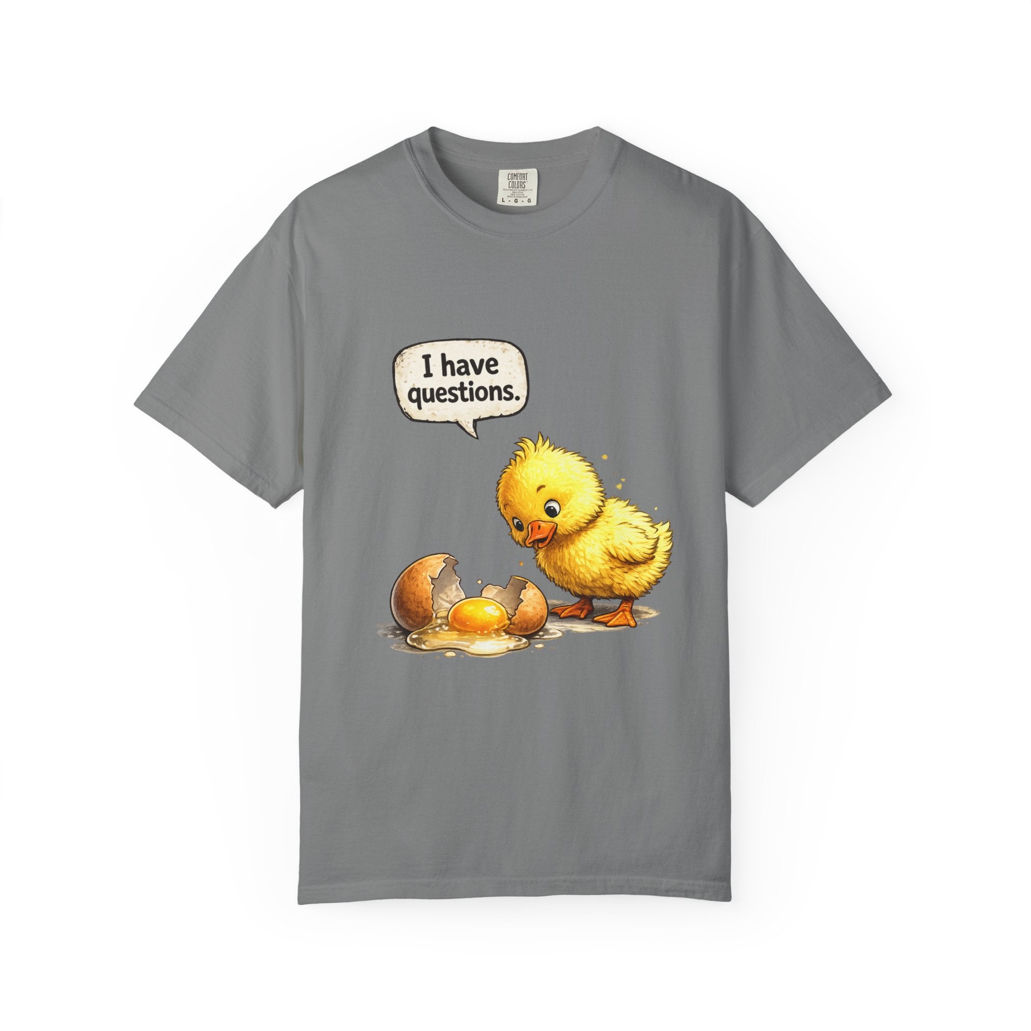 Unisex Curious Chick 'I Have Questions' T-shirt | Cute Baby Chick Illustration