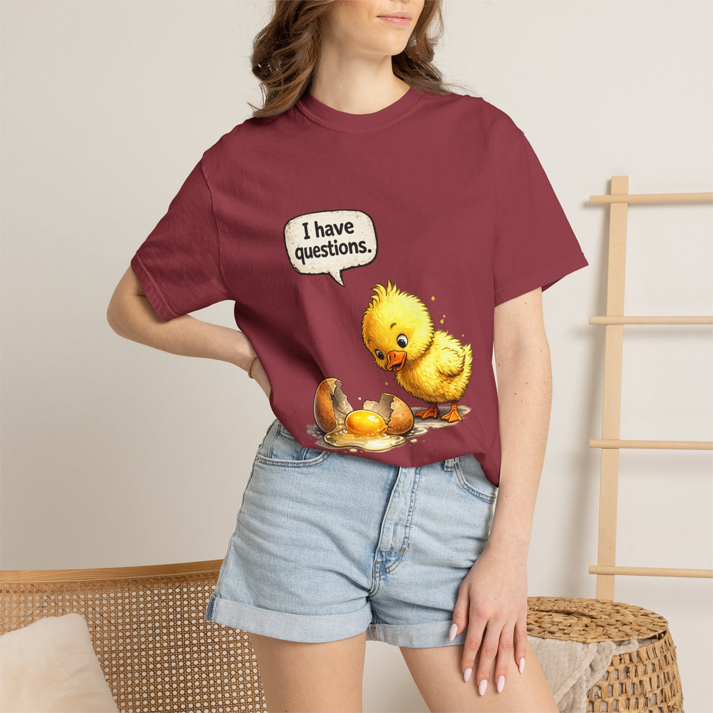 Unisex Curious Chick 'I Have Questions' T-shirt | Cute Baby Chick Illustration