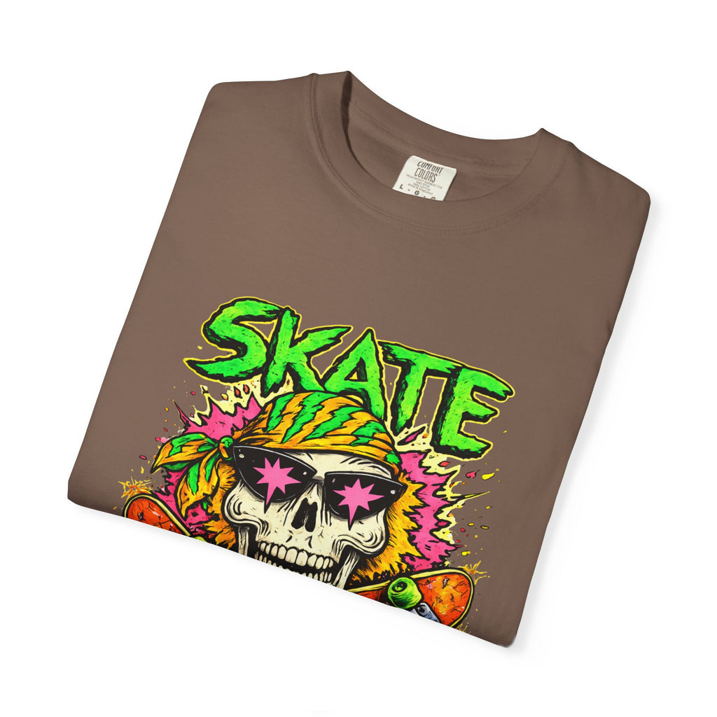 Unisex Skull Skateboard 'Skate or Die' graphic T-Shirt | Neon Punk Skateboarding Tee