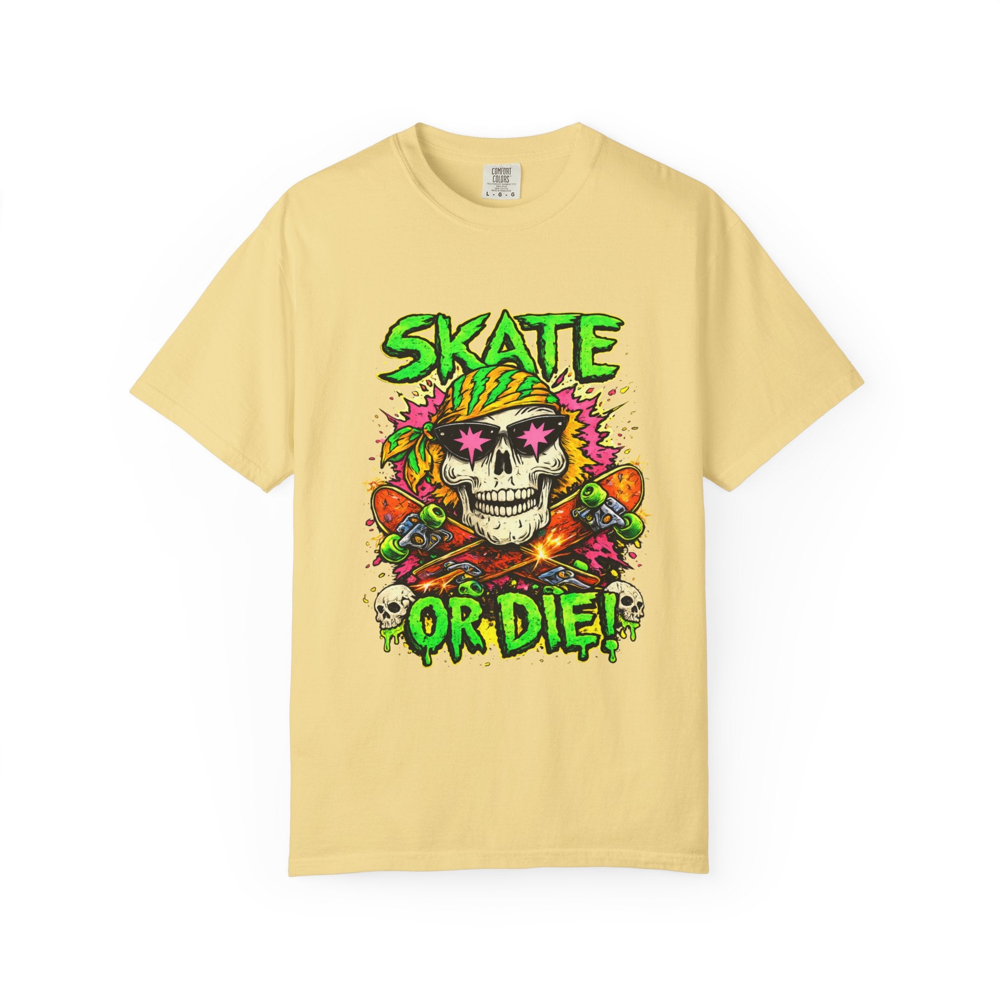 Unisex Skull Skateboard 'Skate or Die' graphic T-Shirt | Neon Punk Skateboarding Tee