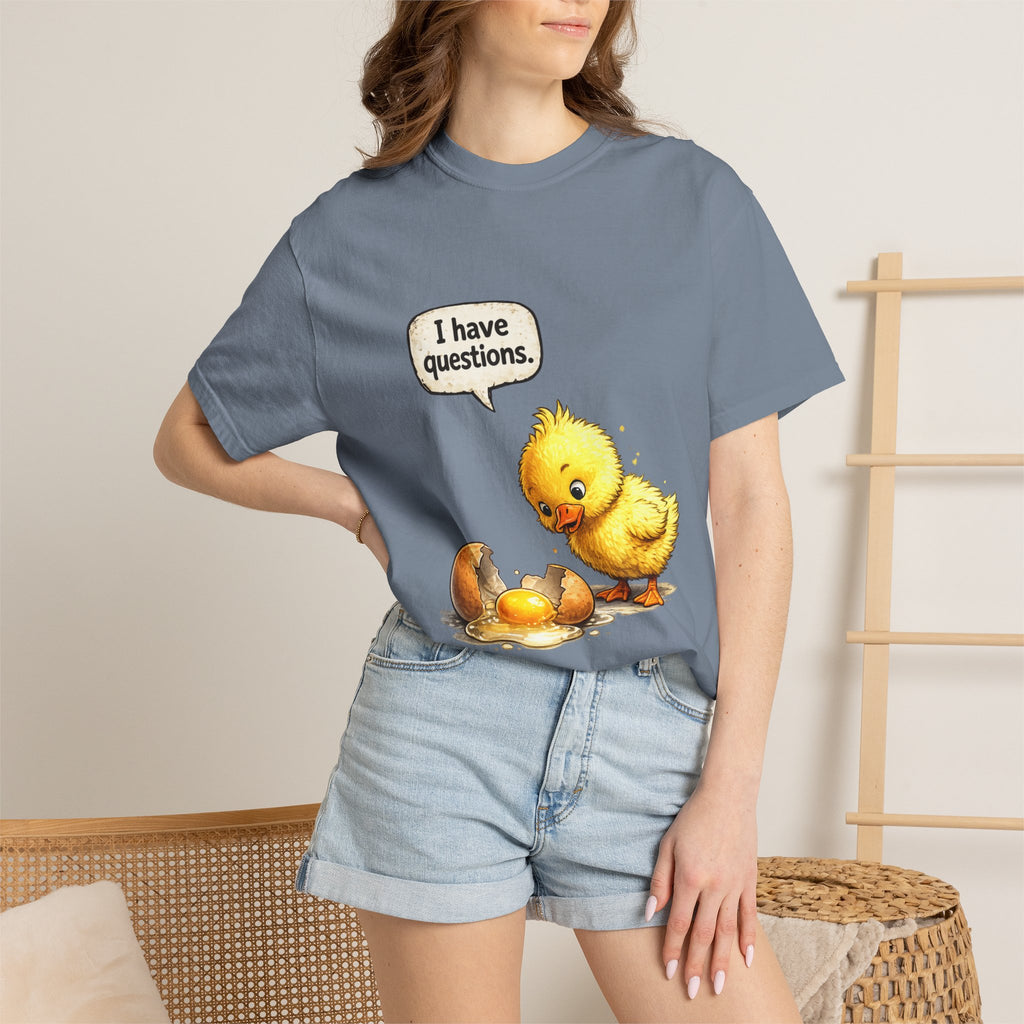 Unisex Curious Chick 'I Have Questions' T-shirt | Cute Baby Chick Illustration
