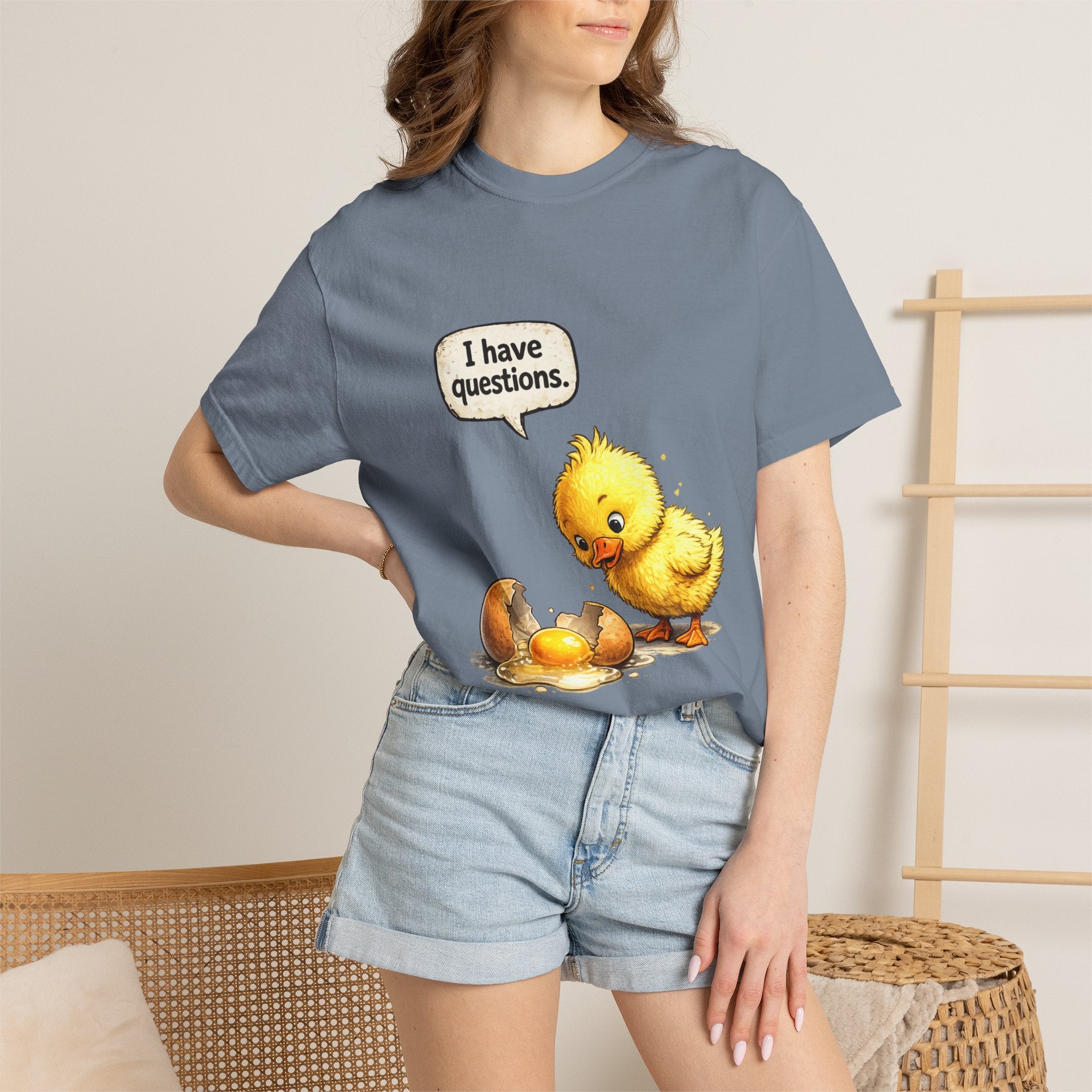 Unisex Curious Chick 'I Have Questions' T-shirt | Cute Baby Chick Illustration