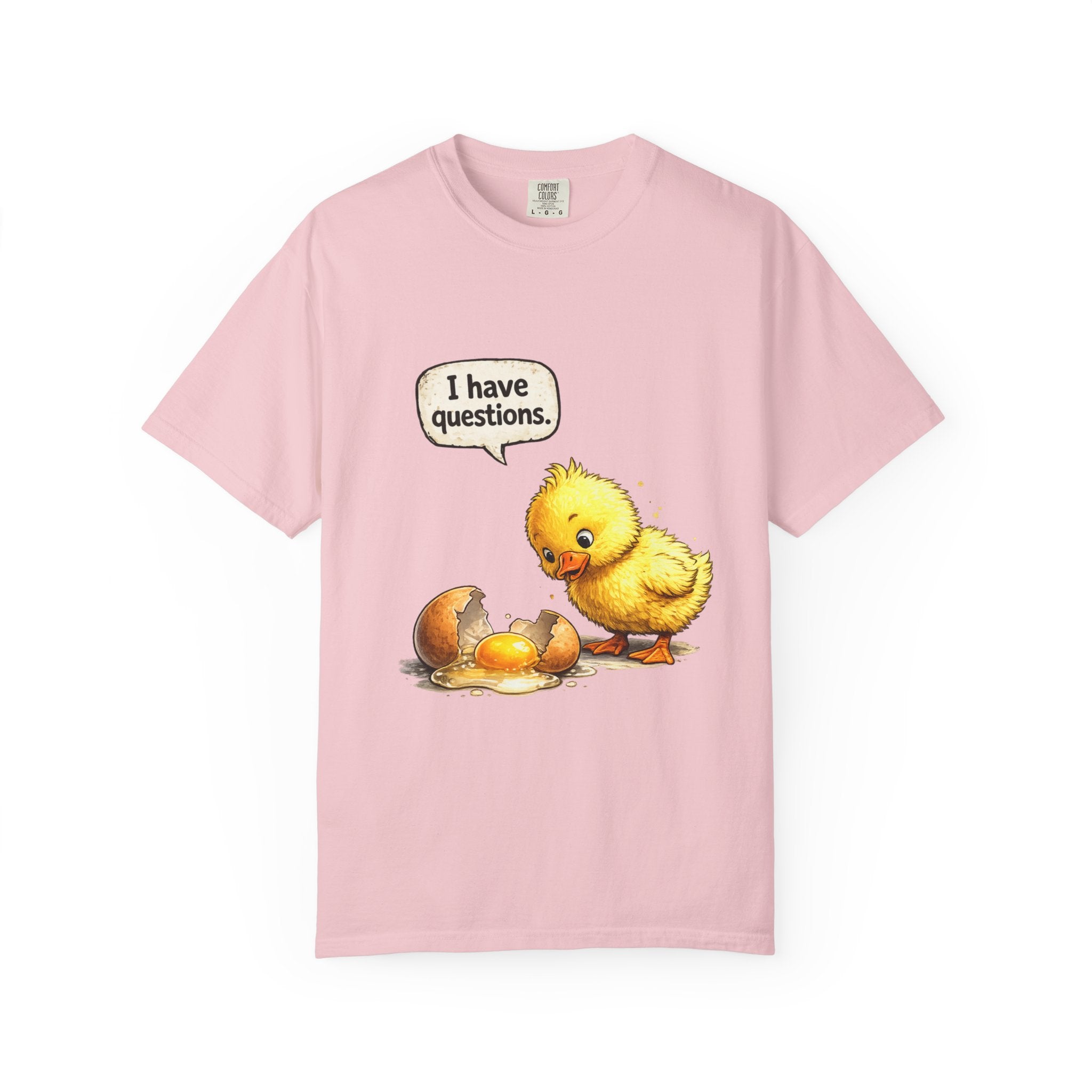 Unisex Curious Chick 'I Have Questions' T-shirt | Cute Baby Chick Illustration