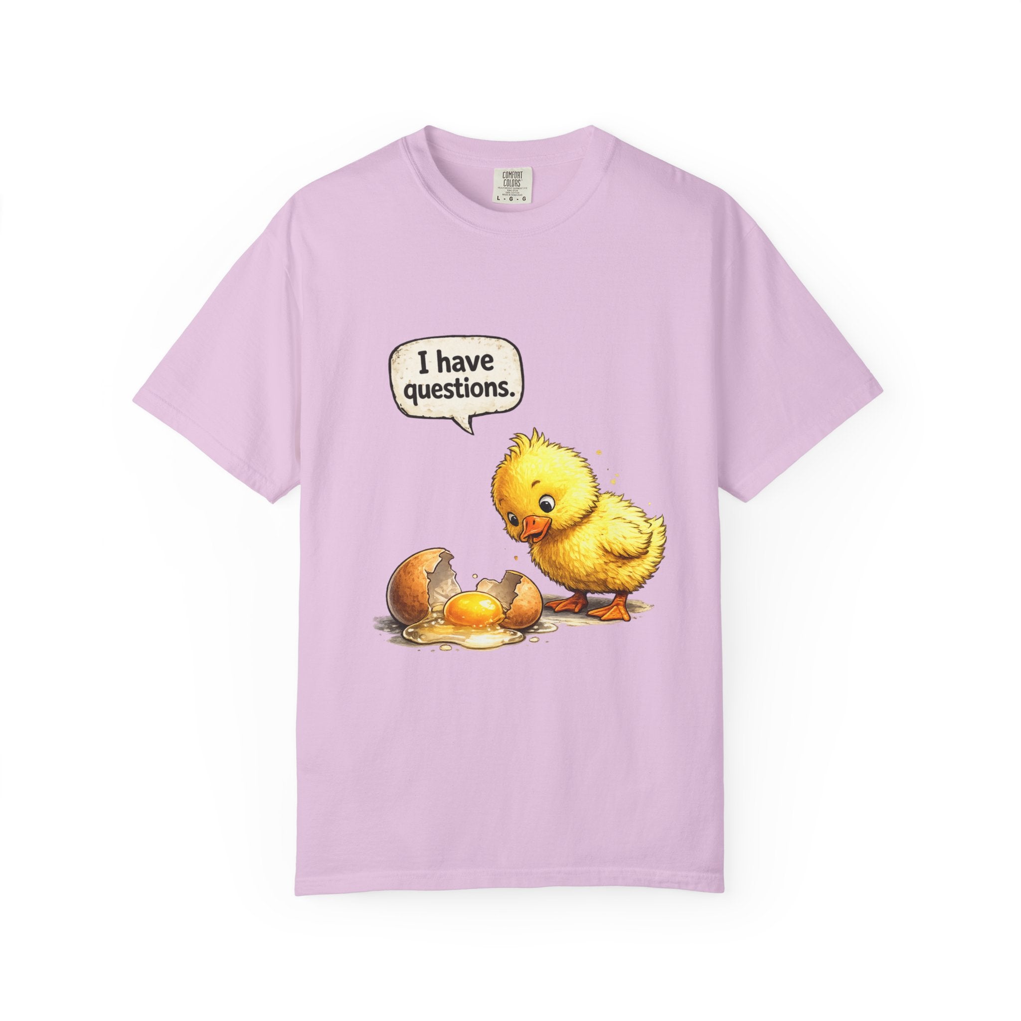 Unisex Curious Chick 'I Have Questions' T-shirt | Cute Baby Chick Illustration