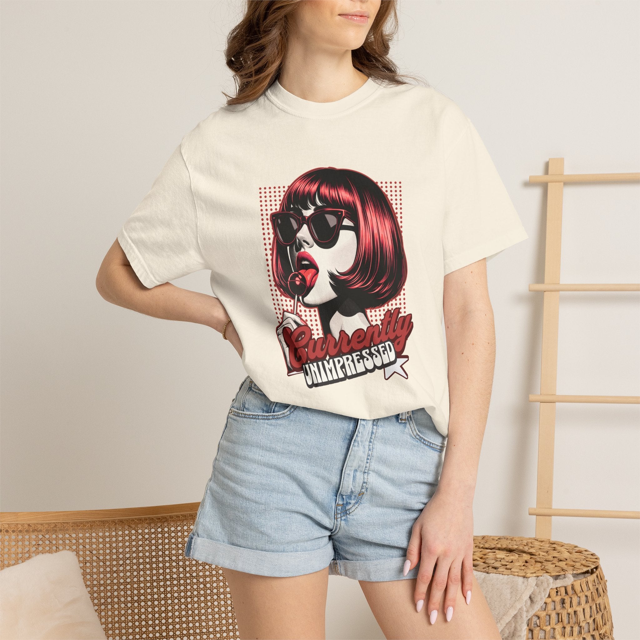 Unisex Retro Pop Art Woman Licking Ice Cream T-shirt | 'Currently Unimpressed' Graphic