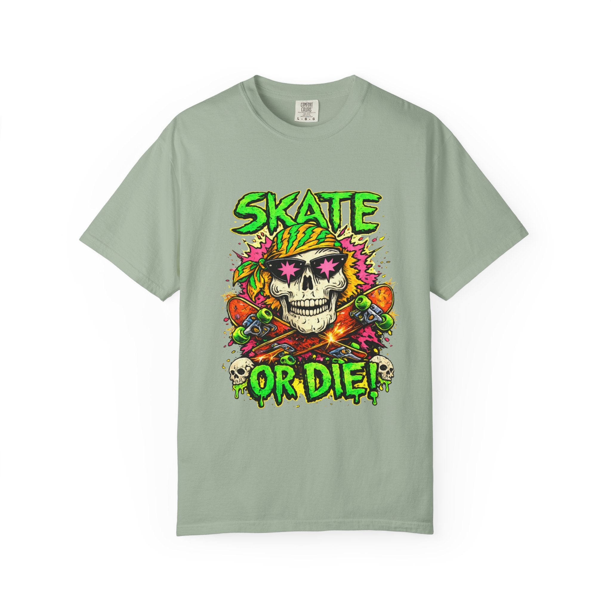 Unisex Skull Skateboard 'Skate or Die' graphic T-Shirt | Neon Punk Skateboarding Tee