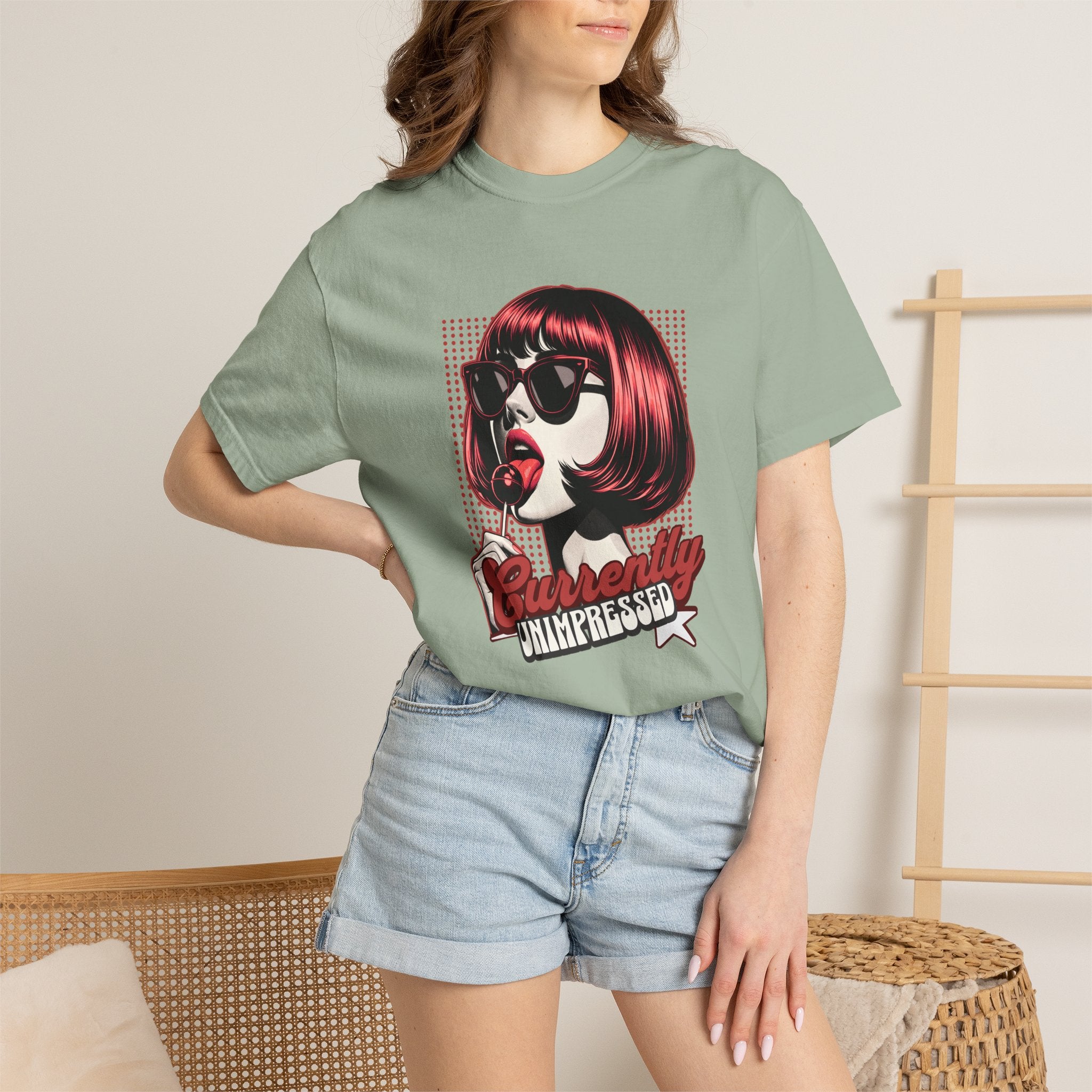 Unisex Retro Pop Art Woman Licking Ice Cream T-shirt | 'Currently Unimpressed' Graphic