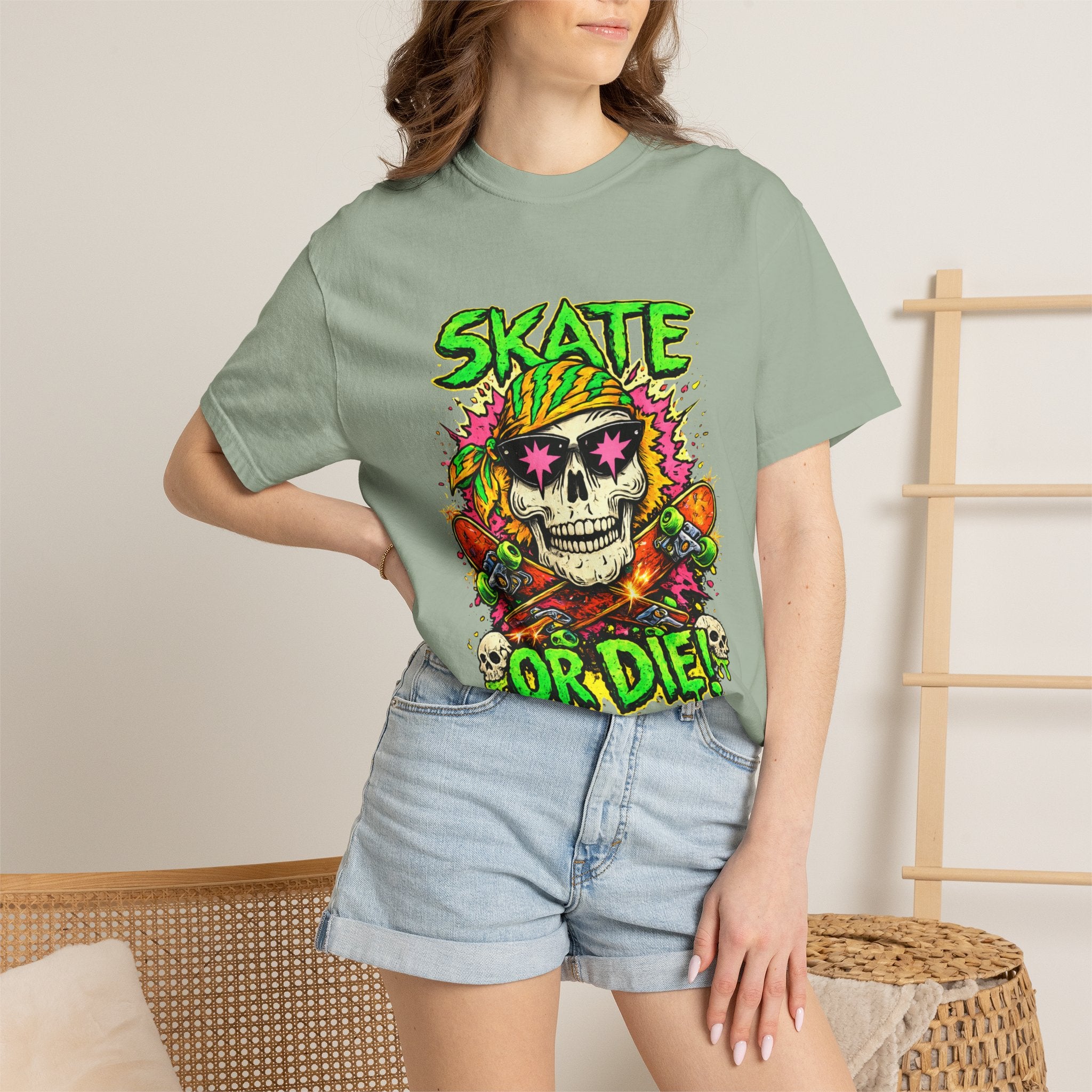 Unisex Skull Skateboard 'Skate or Die' graphic T-Shirt | Neon Punk Skateboarding Tee