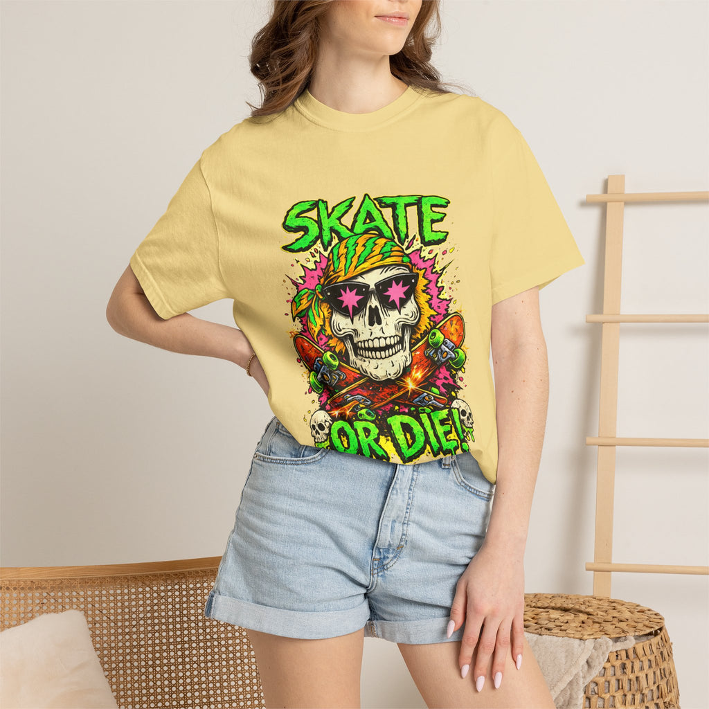 Unisex Skull Skateboard 'Skate or Die' graphic T-Shirt | Neon Punk Skateboarding Tee