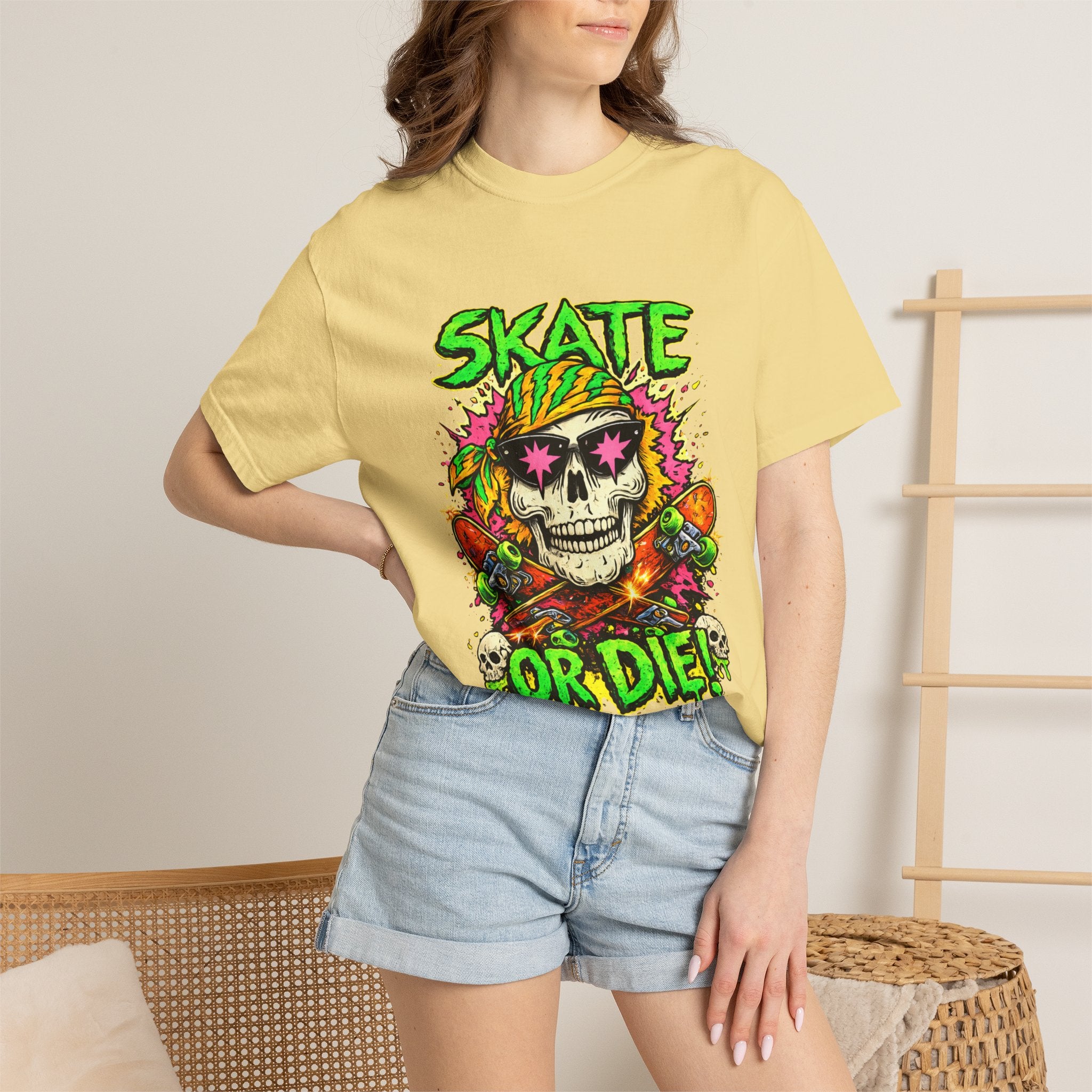 Unisex Skull Skateboard 'Skate or Die' graphic T-Shirt | Neon Punk Skateboarding Tee