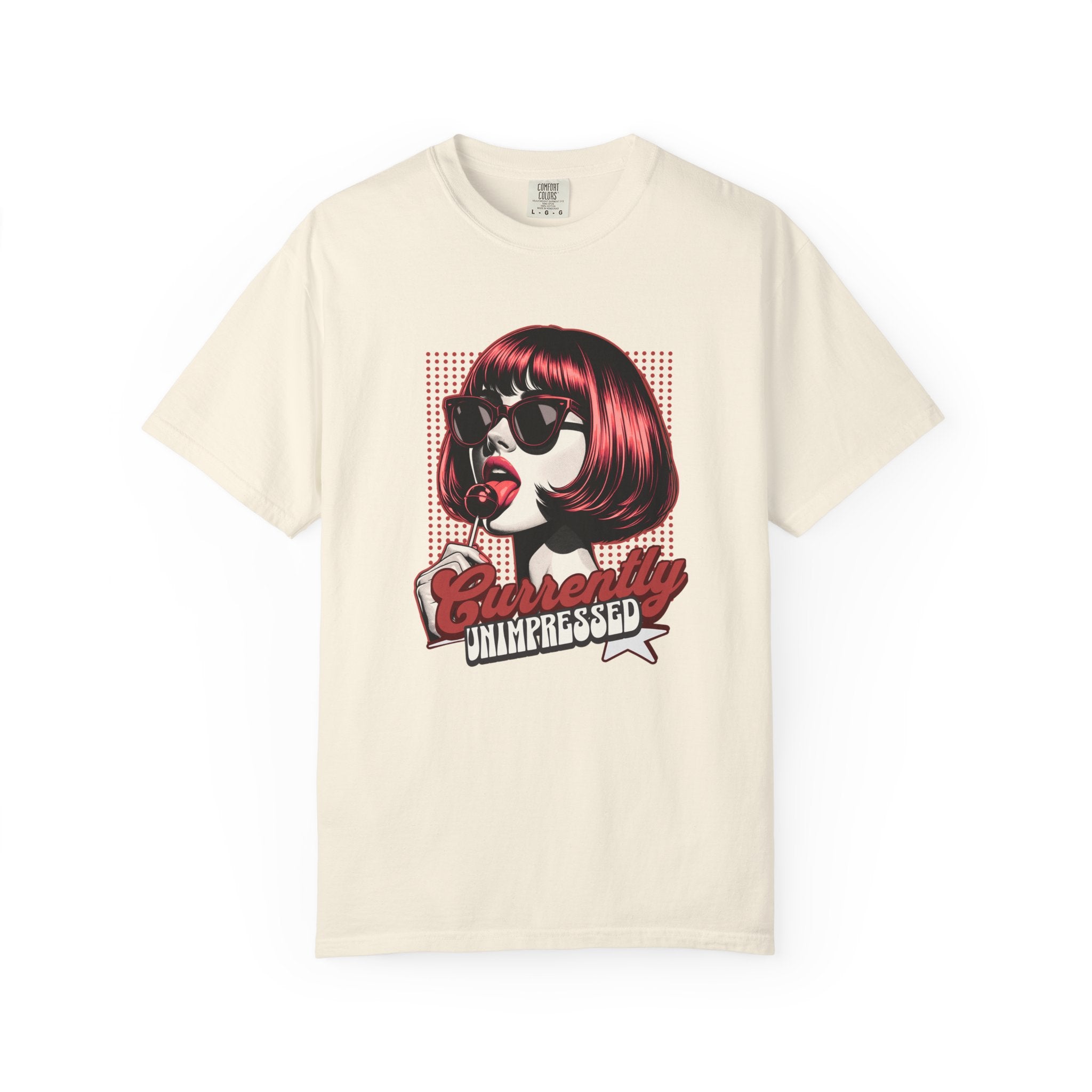 Unisex Retro Pop Art Woman Licking Ice Cream T-shirt | 'Currently Unimpressed' Graphic