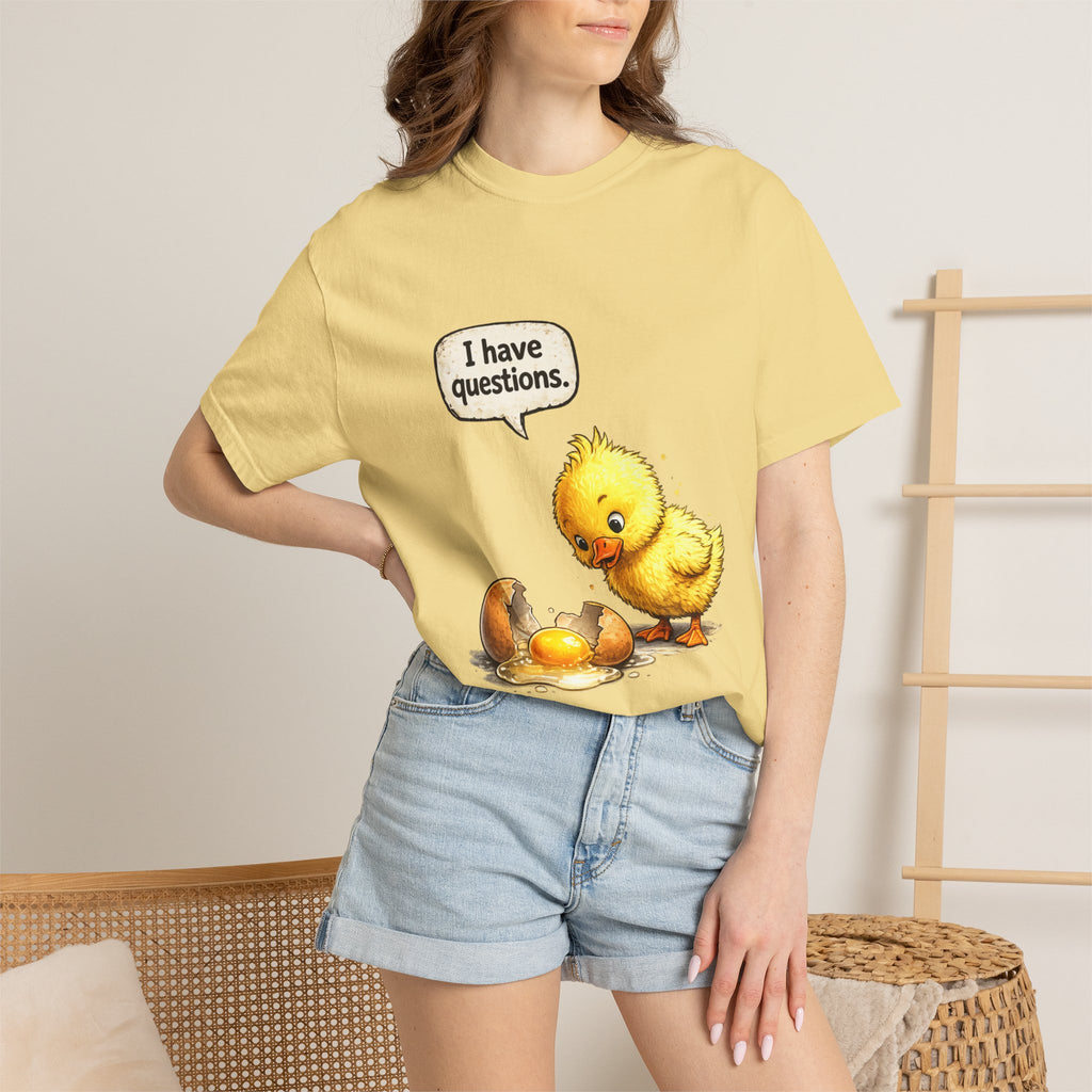Unisex Curious Chick 'I Have Questions' T-shirt | Cute Baby Chick Illustration