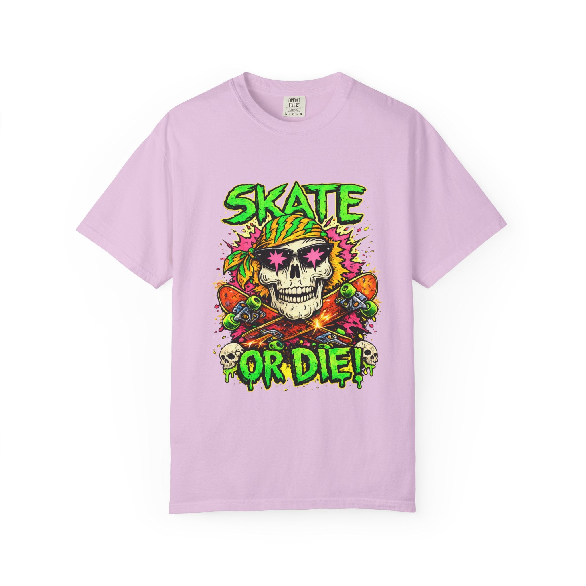 Unisex Skull Skateboard 'Skate or Die' graphic T-Shirt | Neon Punk Skateboarding Tee