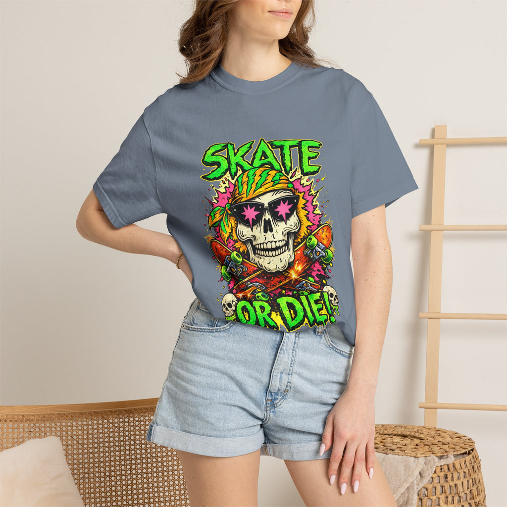 Unisex Skull Skateboard 'Skate or Die' graphic T-Shirt | Neon Punk Skateboarding Tee