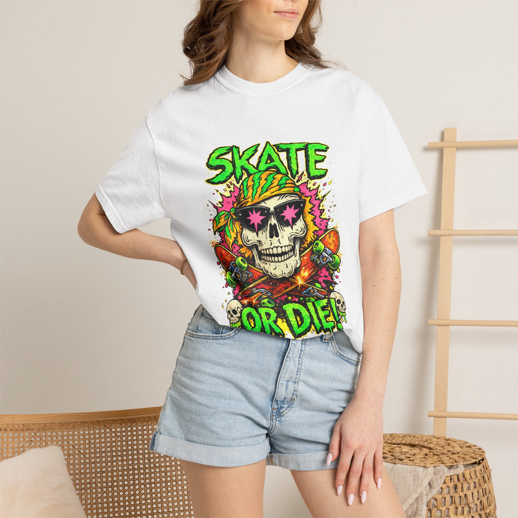 Unisex Skull Skateboard 'Skate or Die' graphic T-Shirt | Neon Punk Skateboarding Tee
