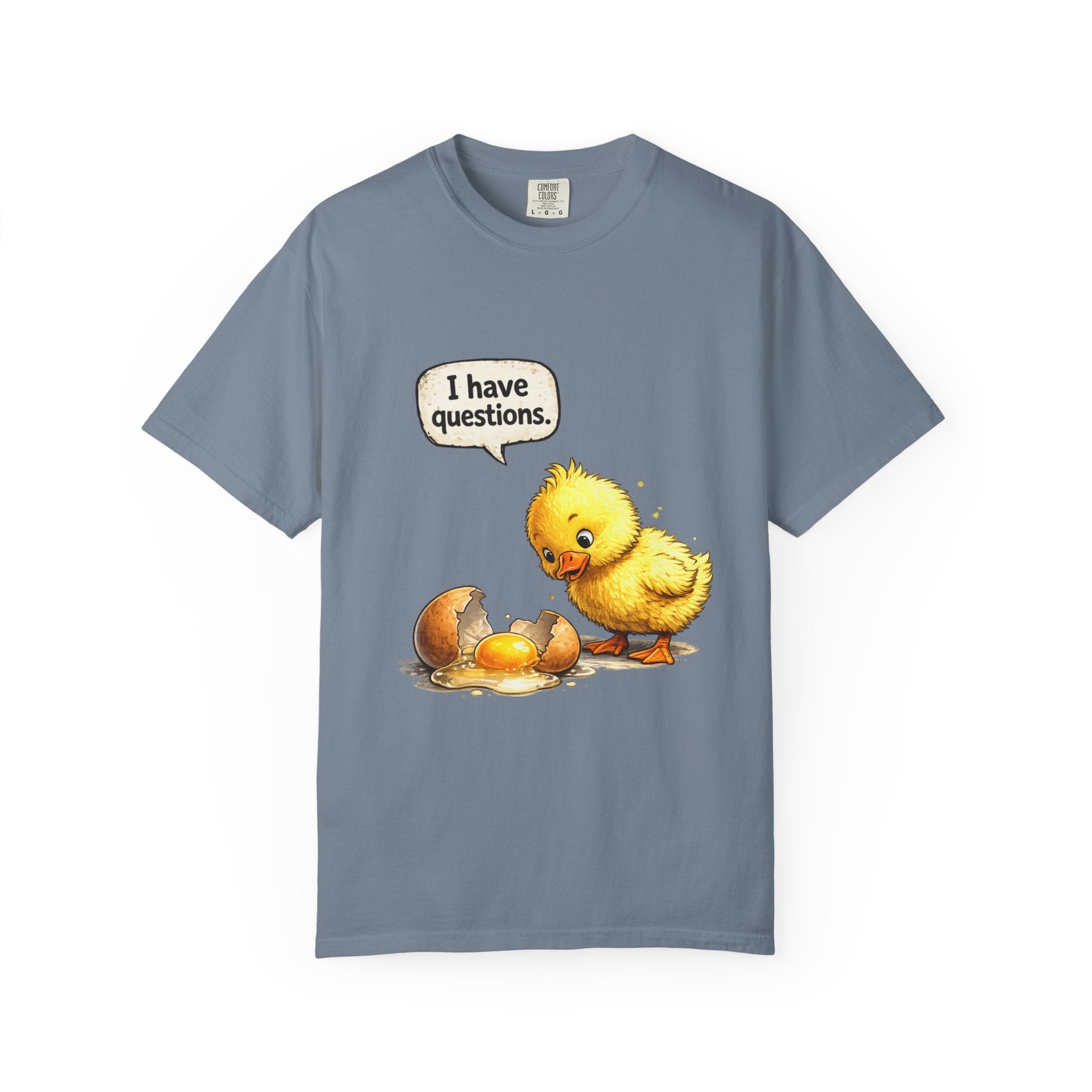 Unisex Curious Chick 'I Have Questions' T-shirt | Cute Baby Chick Illustration
