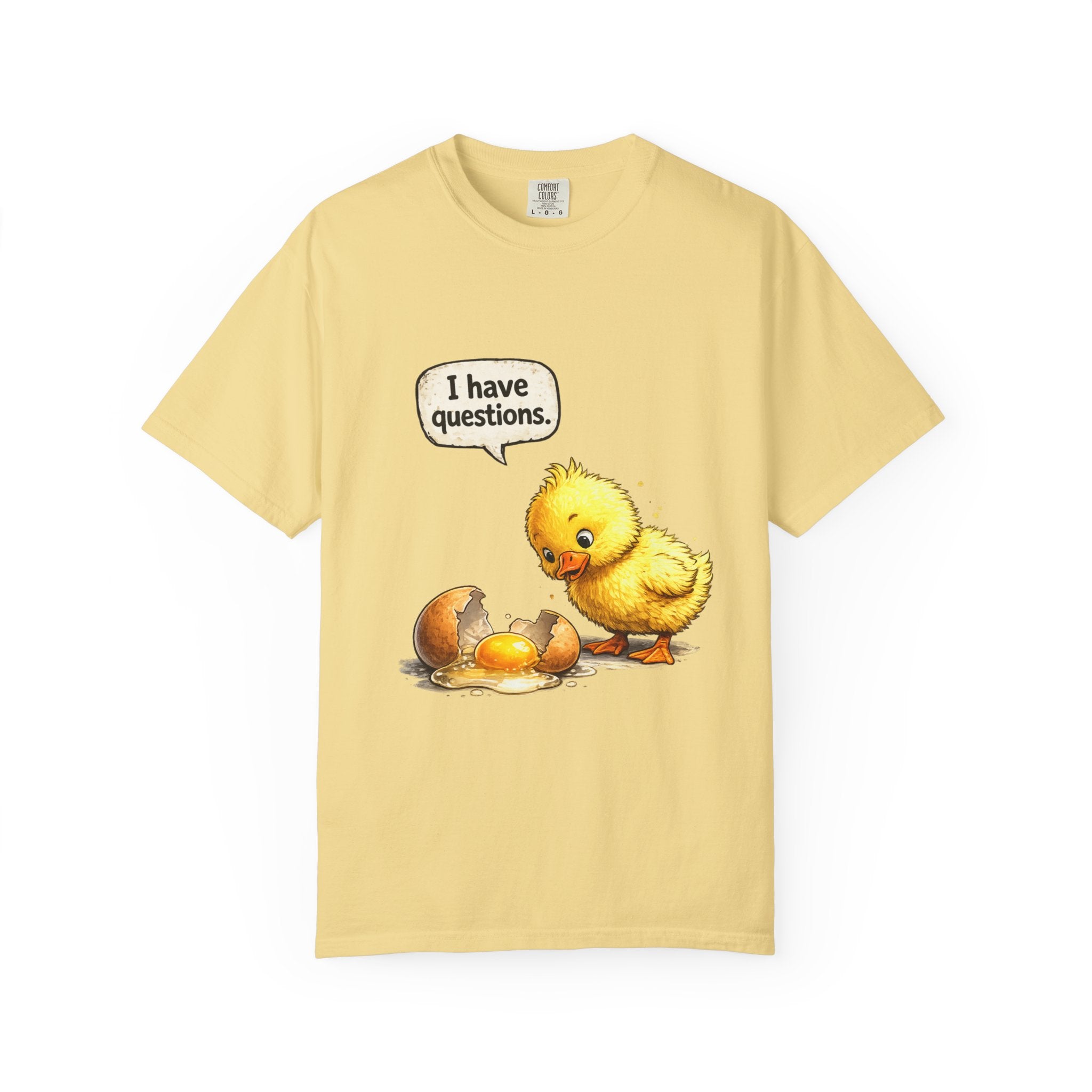 Unisex Curious Chick 'I Have Questions' T-shirt | Cute Baby Chick Illustration