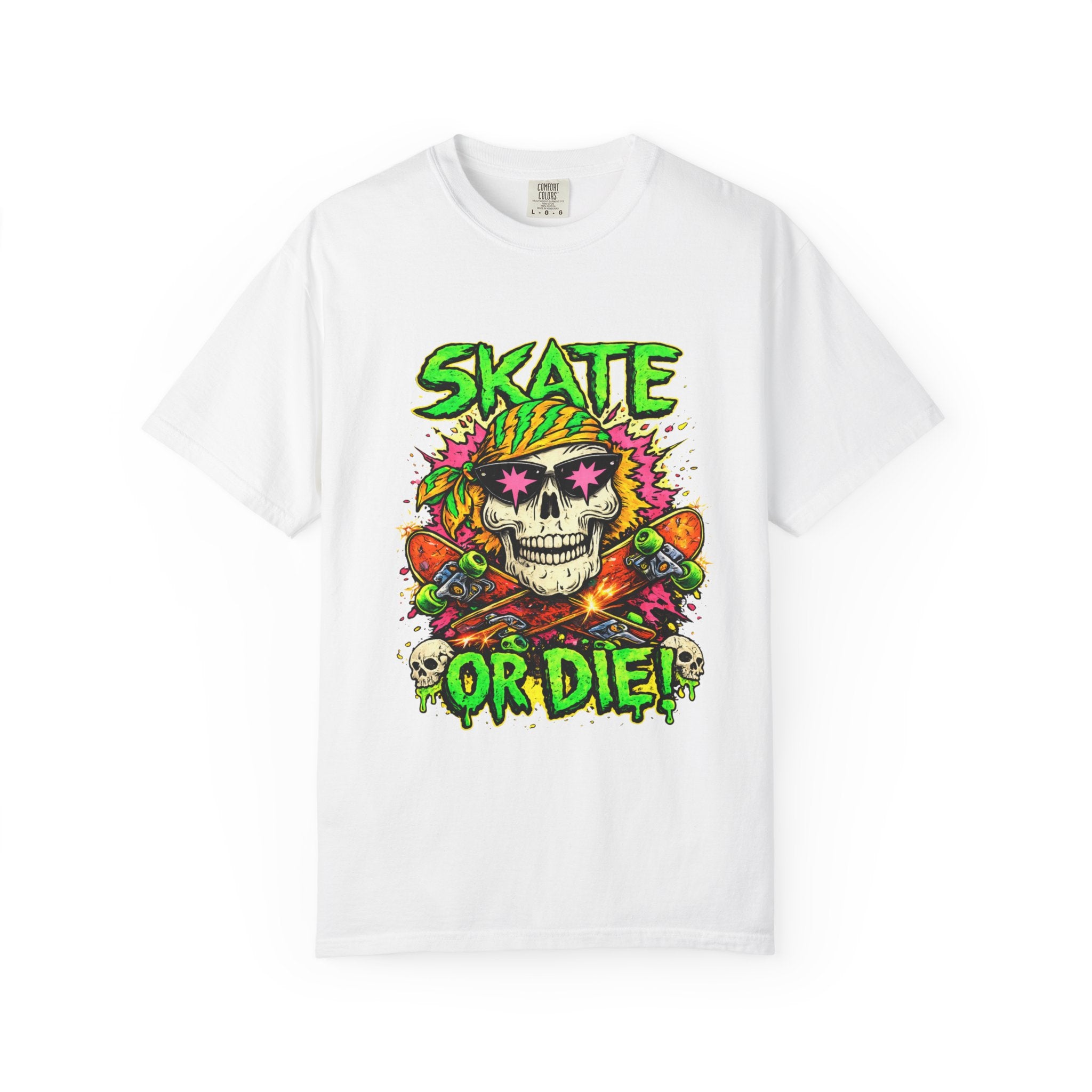 Unisex Skull Skateboard 'Skate or Die' graphic T-Shirt | Neon Punk Skateboarding Tee