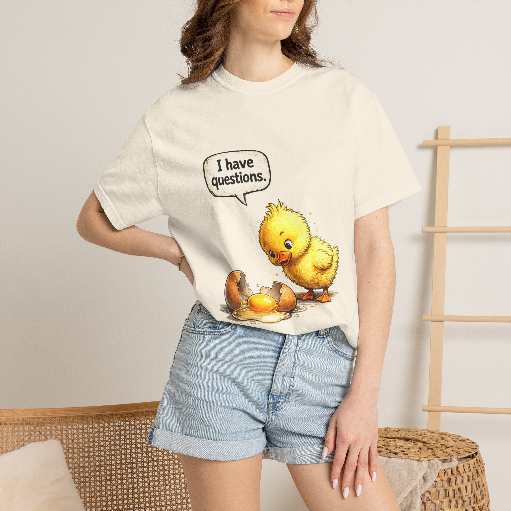 Unisex Curious Chick 'I Have Questions' T-shirt | Cute Baby Chick Illustration