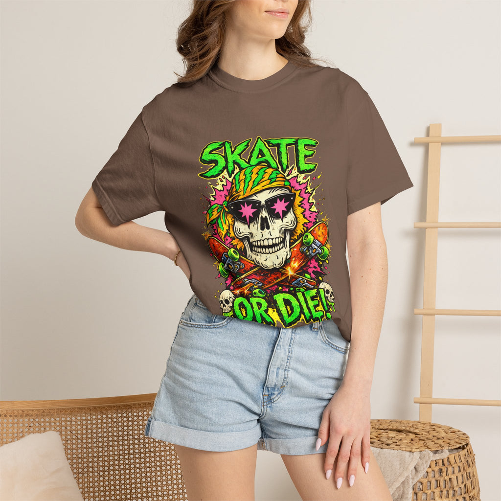 Unisex Skull Skateboard 'Skate or Die' graphic T-Shirt | Neon Punk Skateboarding Tee