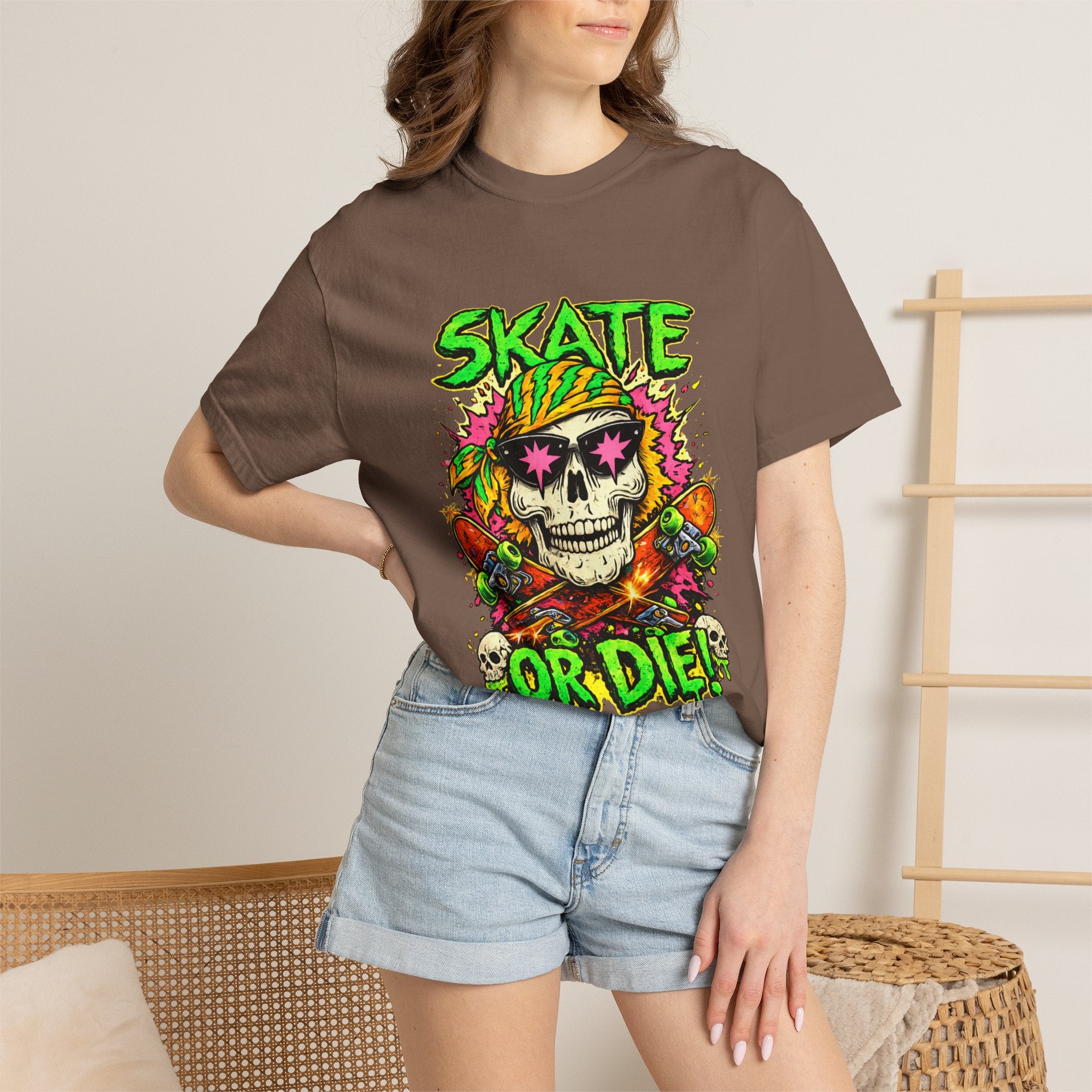 Unisex Skull Skateboard 'Skate or Die' graphic T-Shirt | Neon Punk Skateboarding Tee