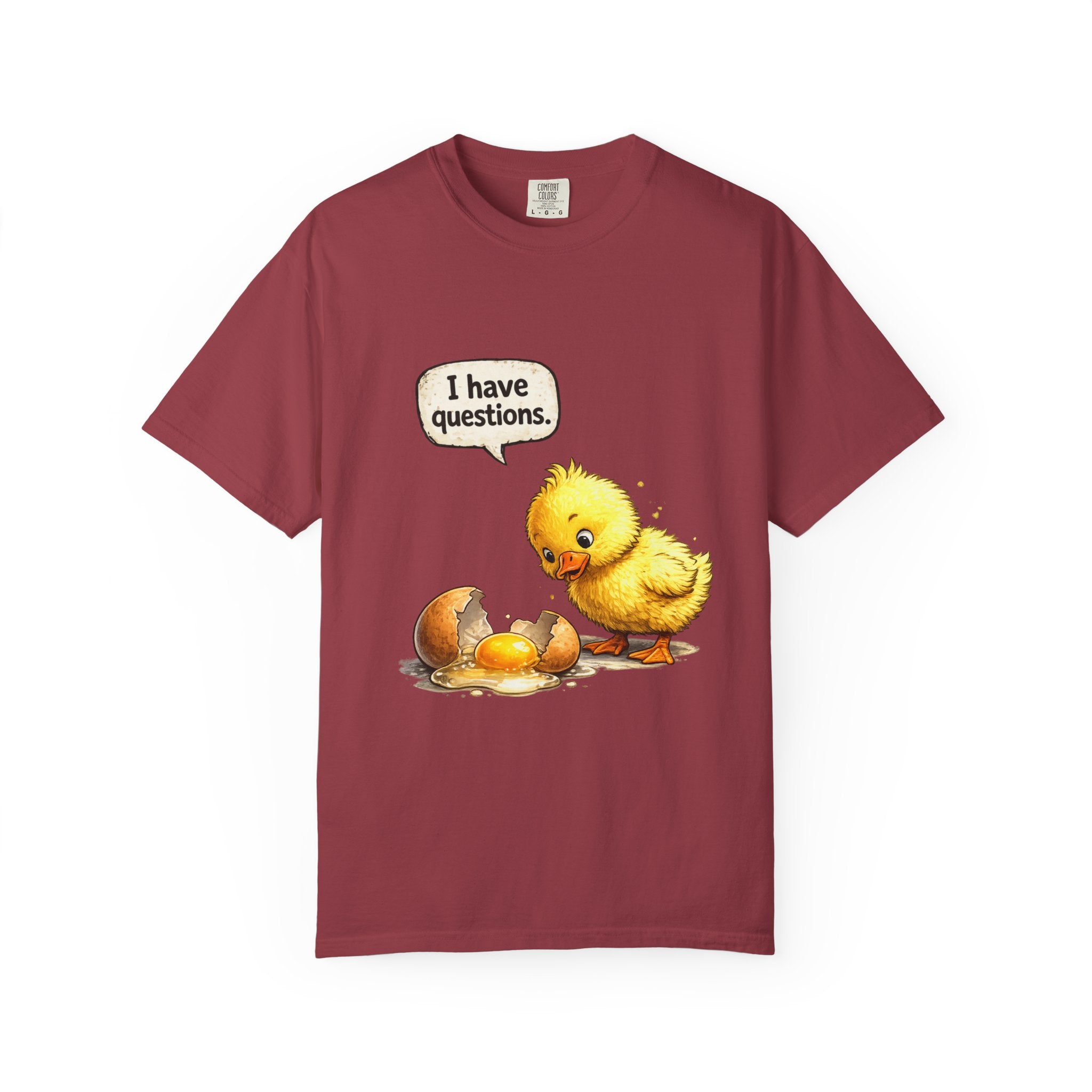 Unisex Curious Chick 'I Have Questions' T-shirt | Cute Baby Chick Illustration