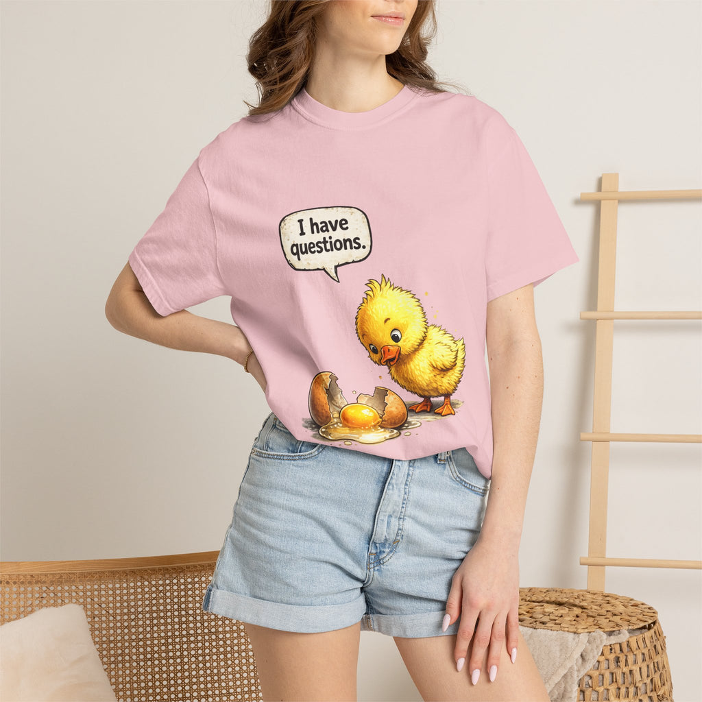 Unisex Curious Chick 'I Have Questions' T-shirt | Cute Baby Chick Illustration
