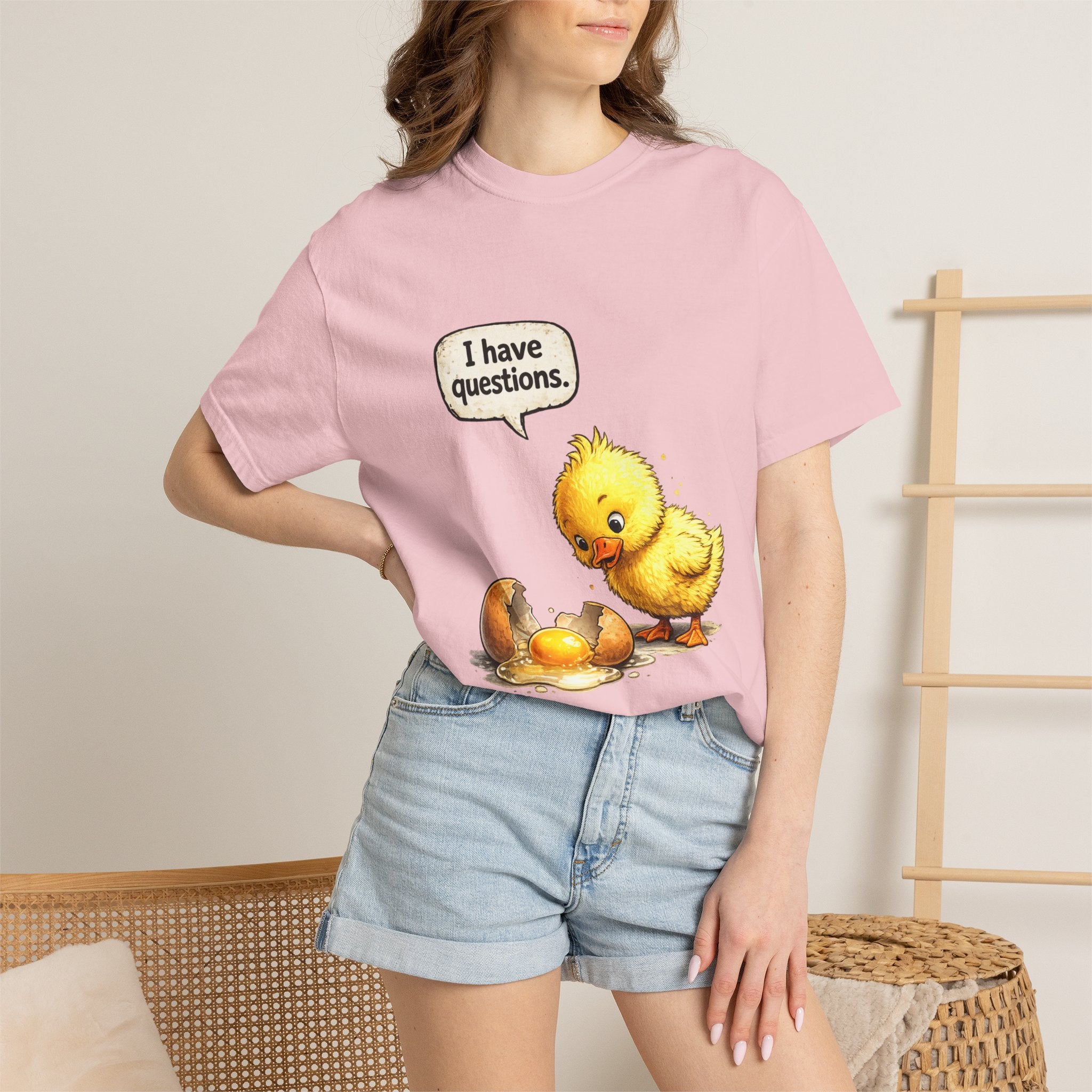 Unisex Curious Chick 'I Have Questions' T-shirt | Cute Baby Chick Illustration