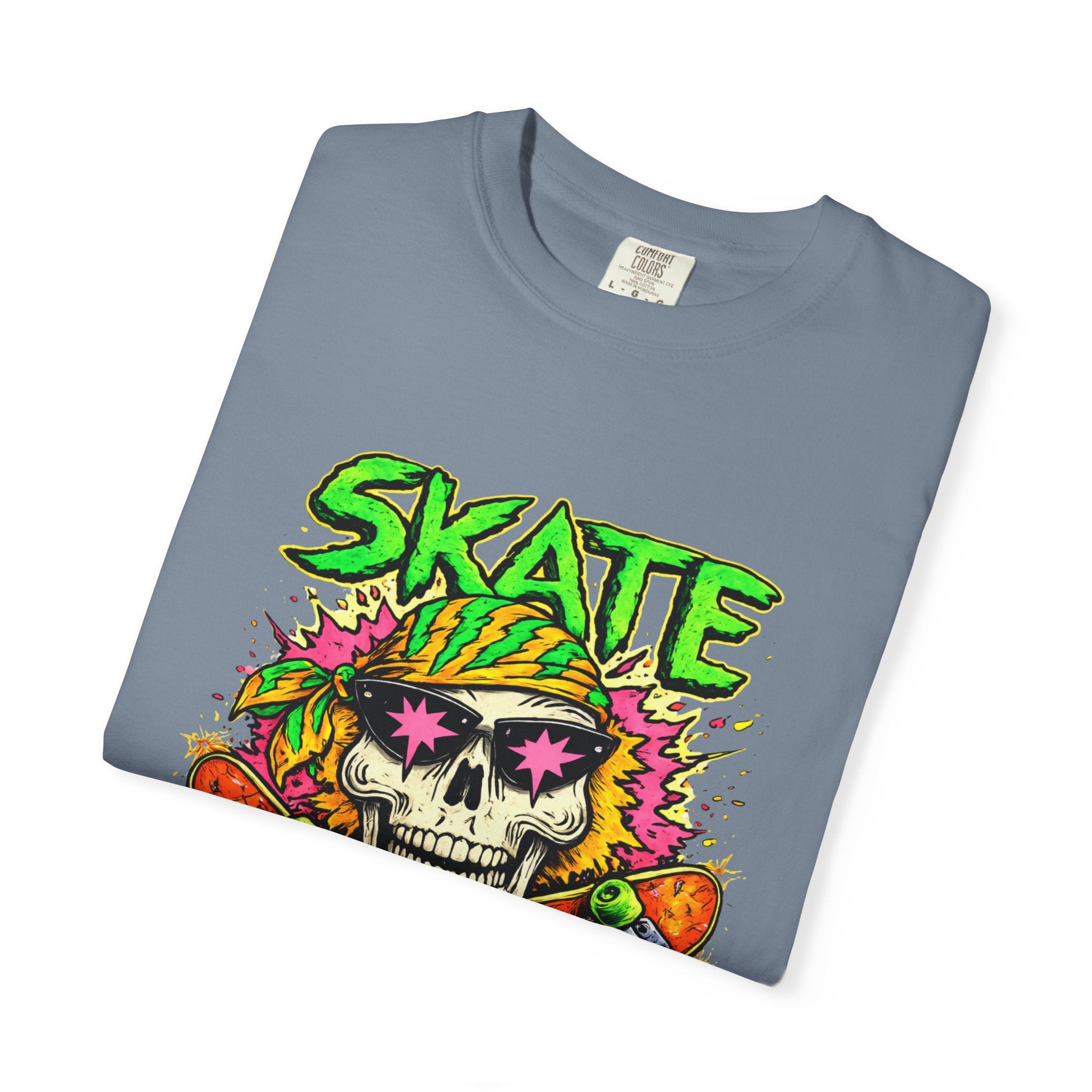 Unisex Skull Skateboard 'Skate or Die' graphic T-Shirt | Neon Punk Skateboarding Tee