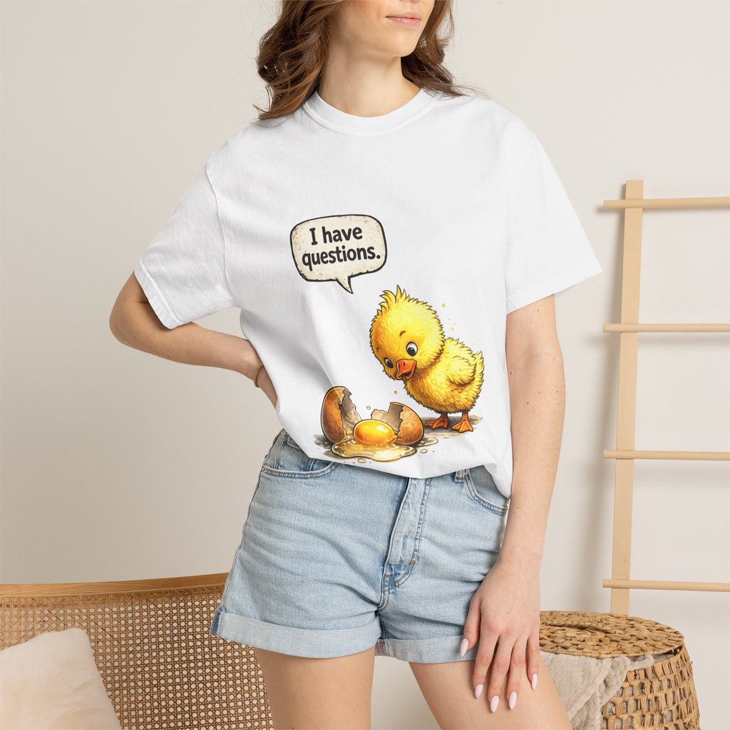 Unisex Curious Chick 'I Have Questions' T-shirt | Cute Baby Chick Illustration