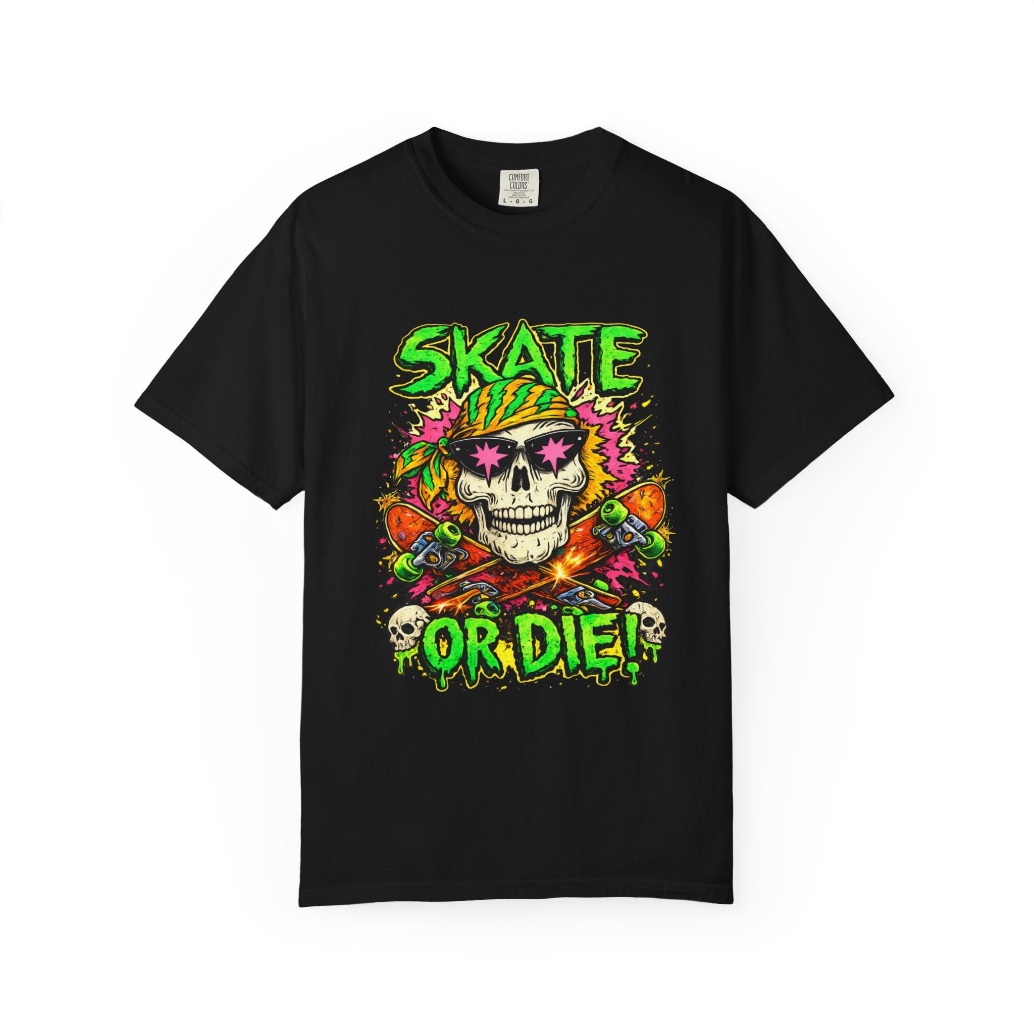 Unisex Skull Skateboard 'Skate or Die' graphic T-Shirt | Neon Punk Skateboarding Tee