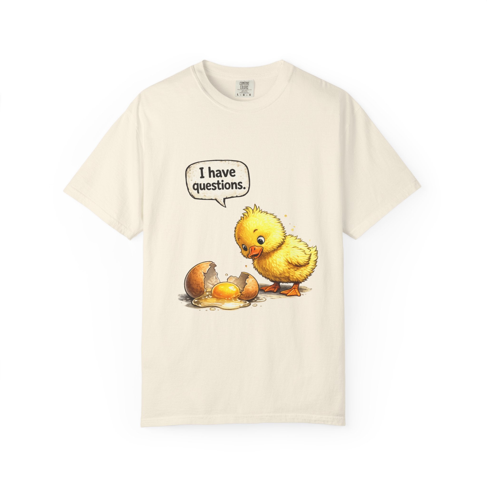 Unisex Curious Chick 'I Have Questions' T-shirt | Cute Baby Chick Illustration
