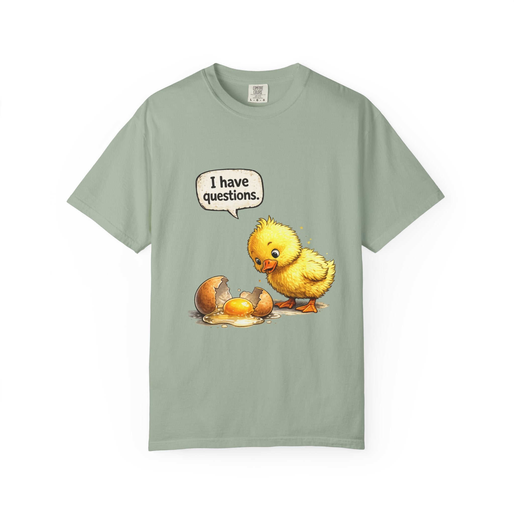 Unisex Curious Chick 'I Have Questions' T-shirt | Cute Baby Chick Illustration