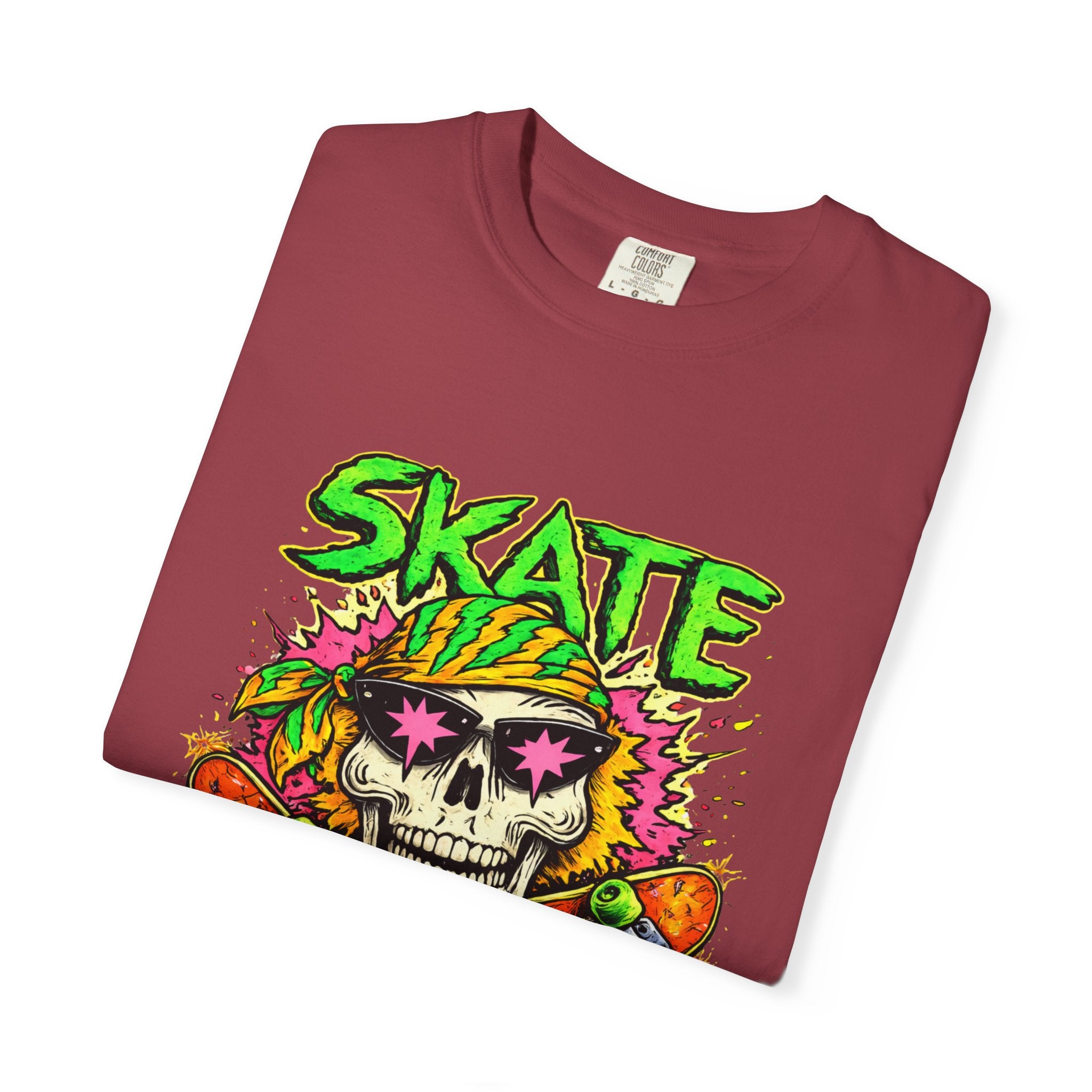 Unisex Skull Skateboard 'Skate or Die' graphic T-Shirt | Neon Punk Skateboarding Tee